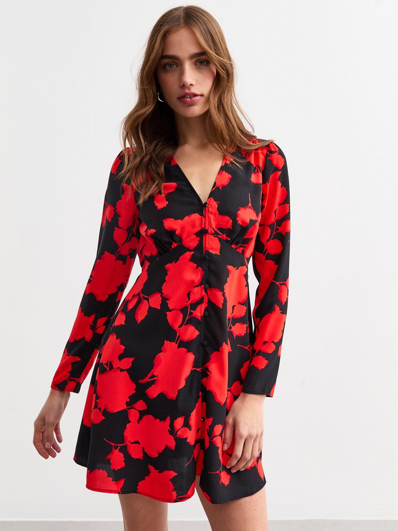 new-look-black-floral-print-long-sleeve-split-hem-midi-dress