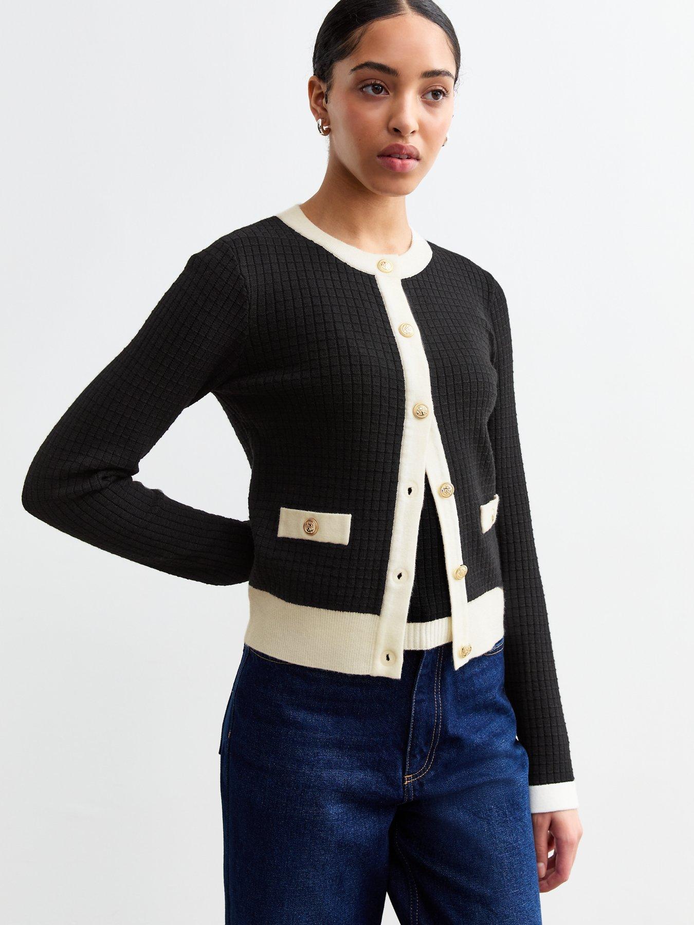 new-look-black-contrast-trim-waffle-knit-cardiganfront