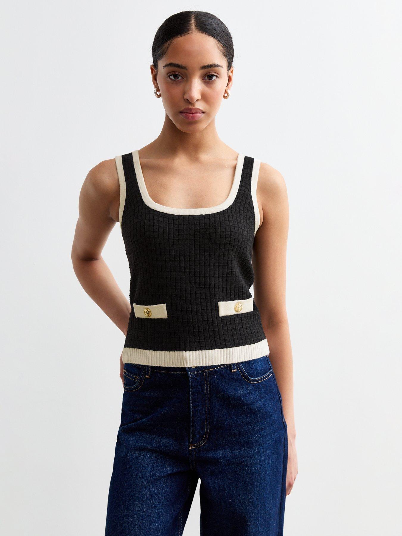 new-look-black-contrast-trim-waffle-knit-vestfront