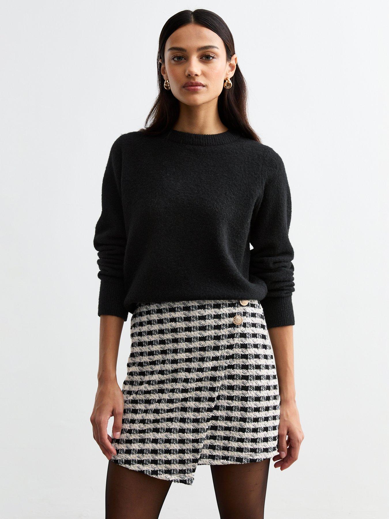 new-look-black-check-patterned-boucle-wrap-mini-skirt