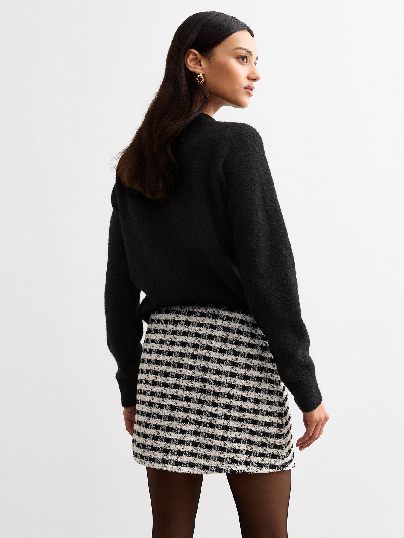 new-look-black-check-patterned-boucle-wrap-mini-skirtstillFront