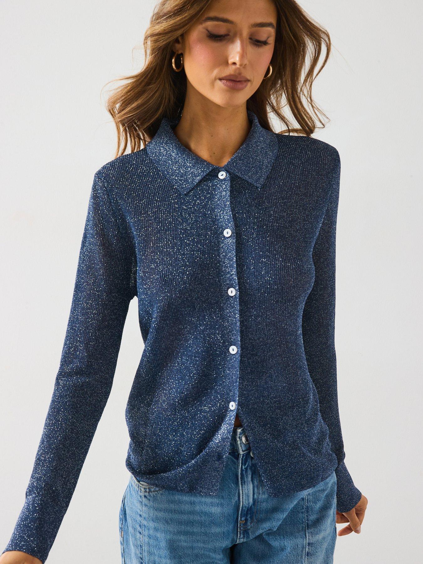 Image of Mango Shimmer Knitted Co-Ord Top - Navy
