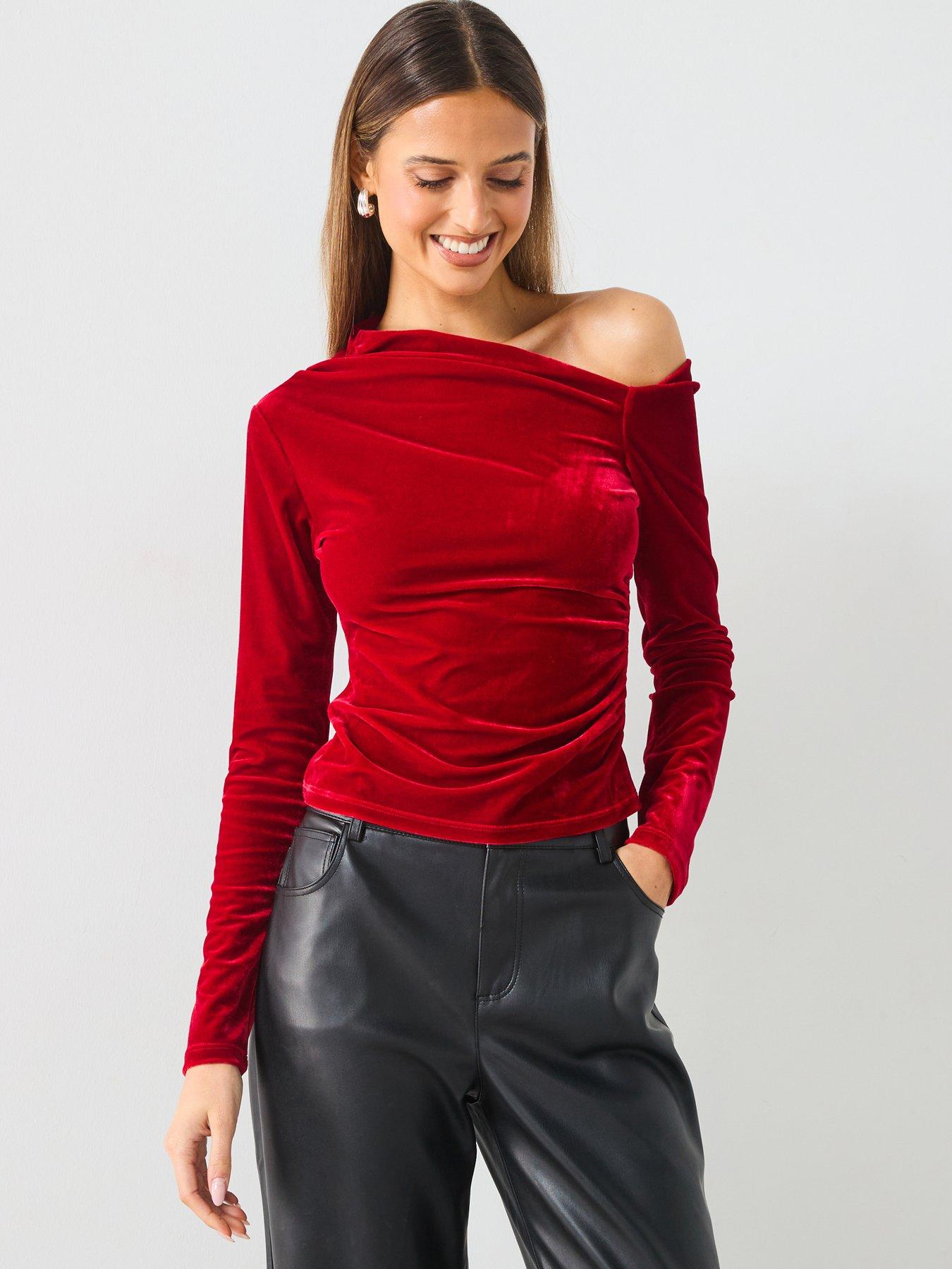 mango-red-velvet-off-the-shoulder-top