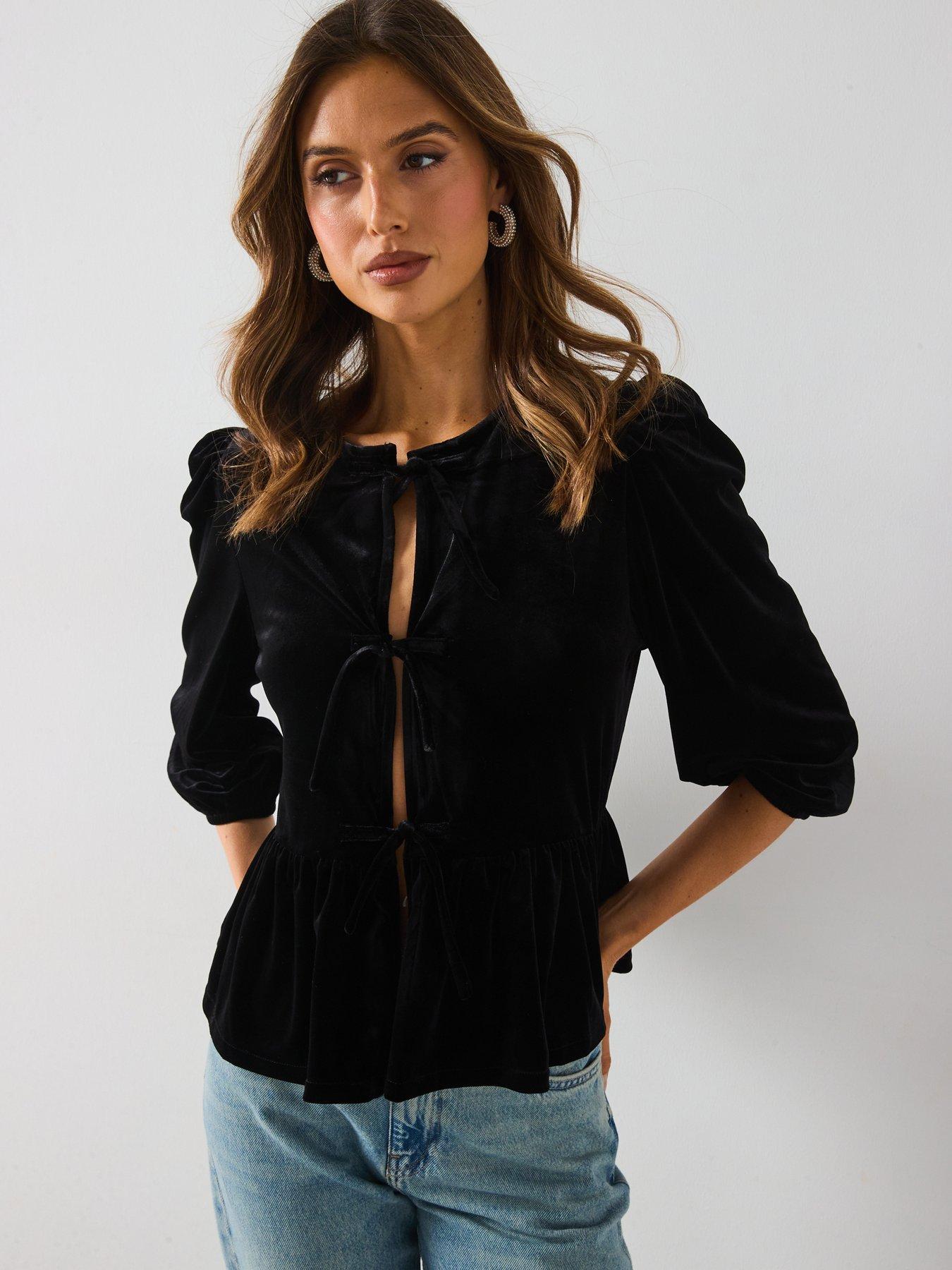 Image 1 of 6 of Mango Velvet Tie Blouse - Black