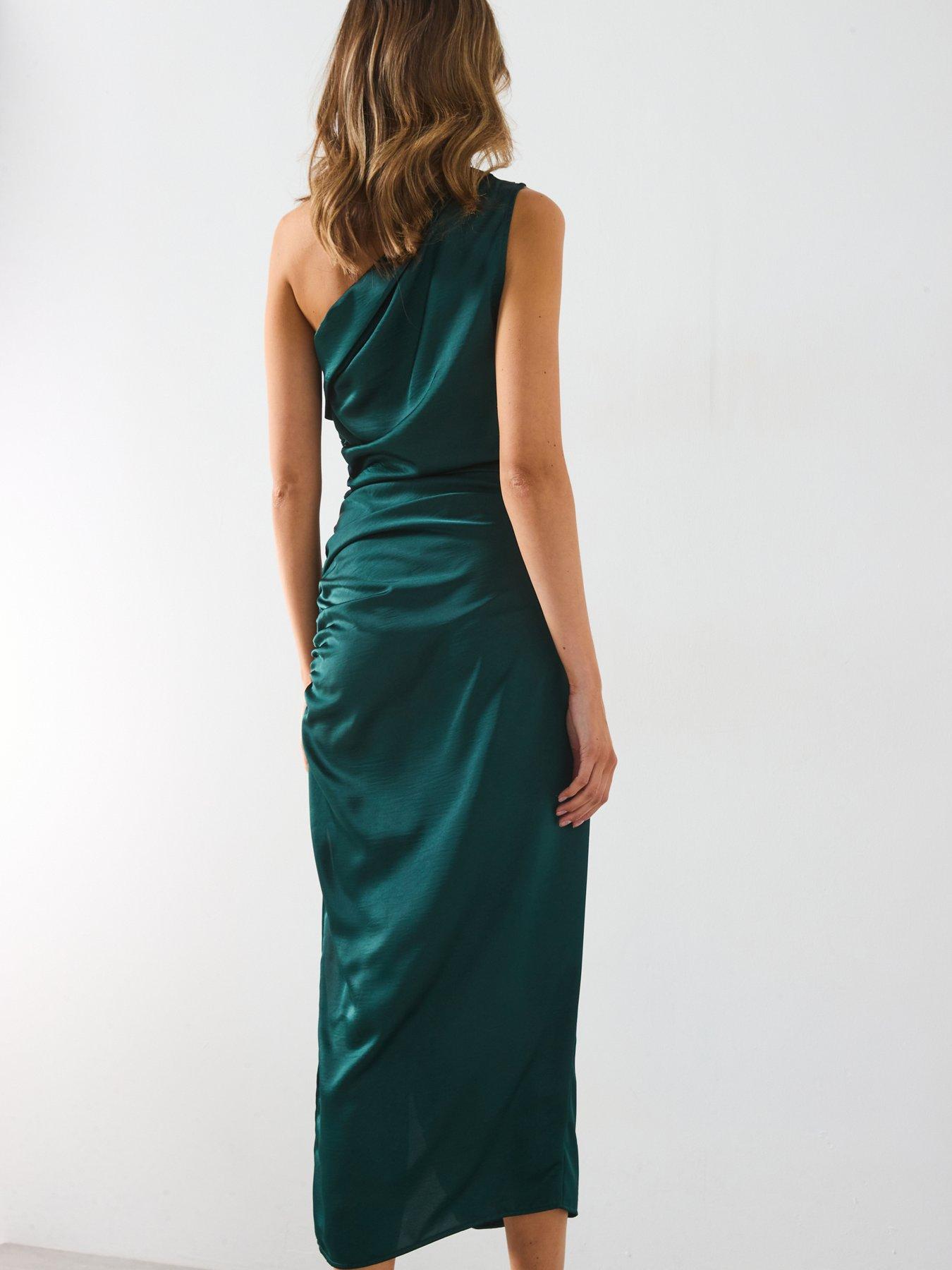 mango-one-shoulder-ruched-dress-greenstillFront