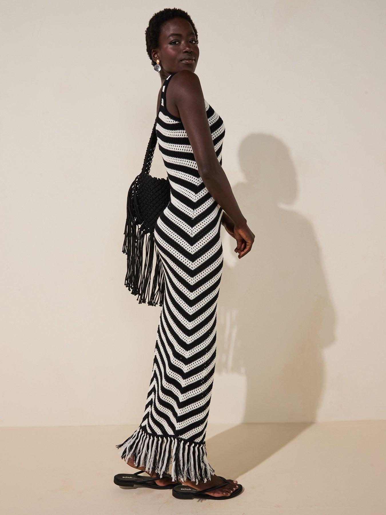 Image 2 of 6 of V by Very Cotton Rich Crochet Fringe Knitted Dress - Black/white