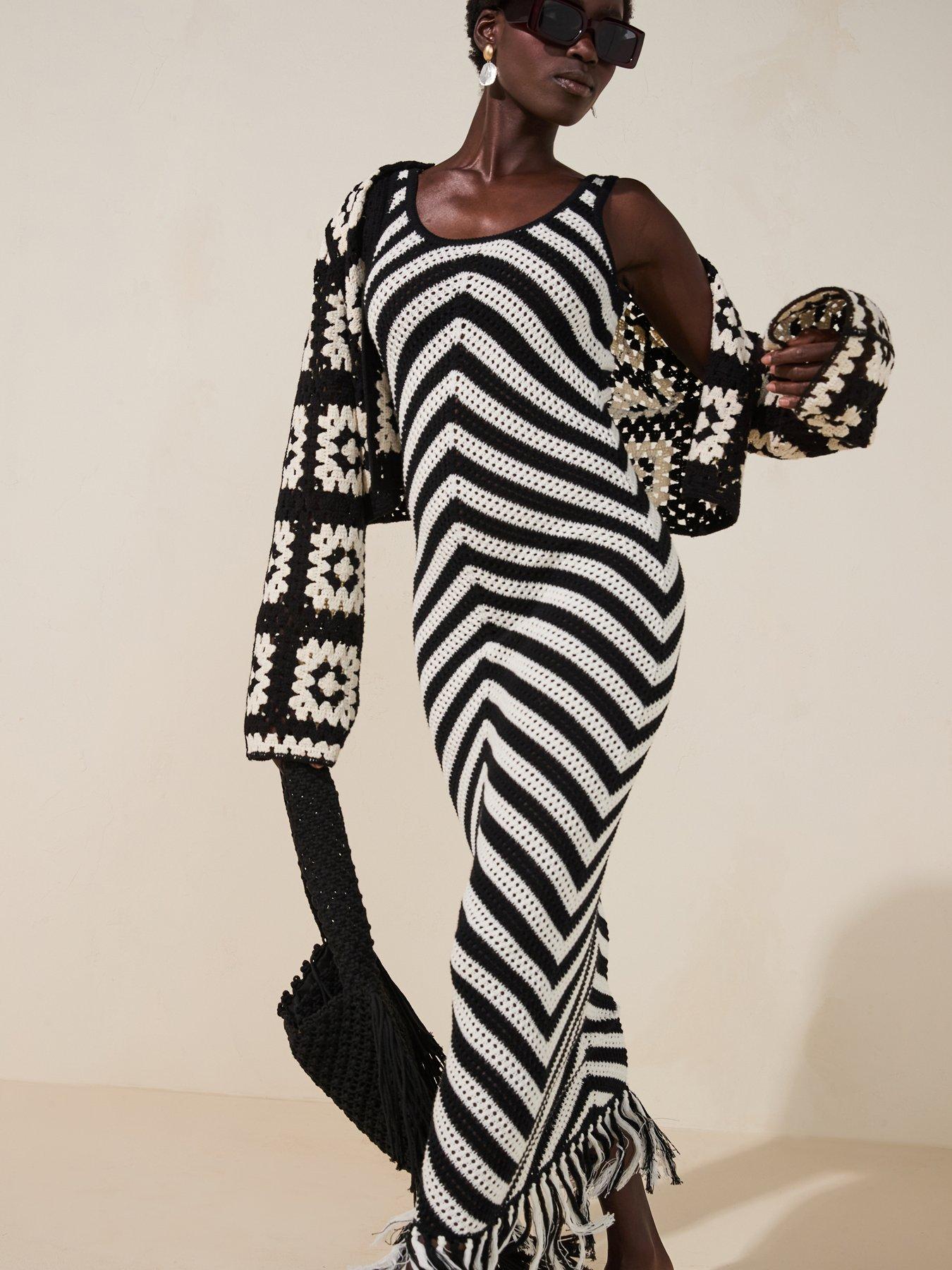 Image 3 of 6 of V by Very Cotton Rich Crochet Fringe Knitted Dress - Black/white