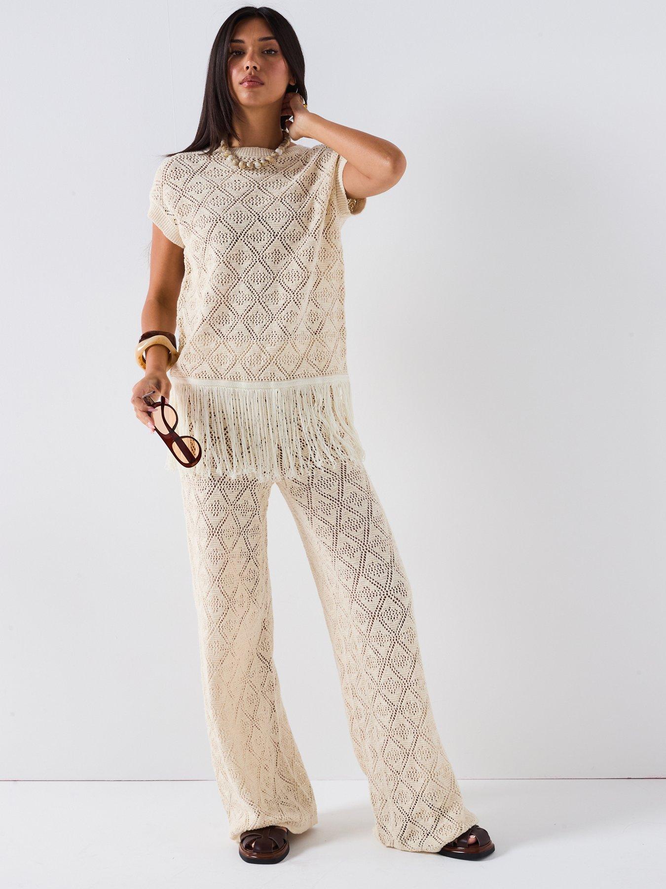 Image of V by Very Cotton Rich Knitted Pointelle Fringe Top Coord - Beige