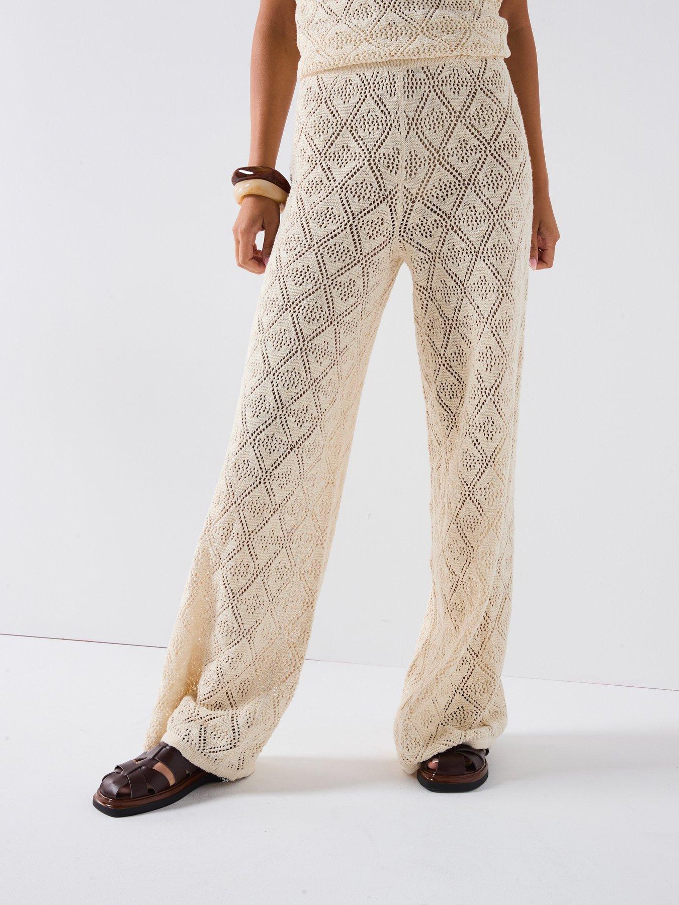 Image of V by Very Cotton Rich Knitted Pointelle Wide Leg Trouser Coord - Beige