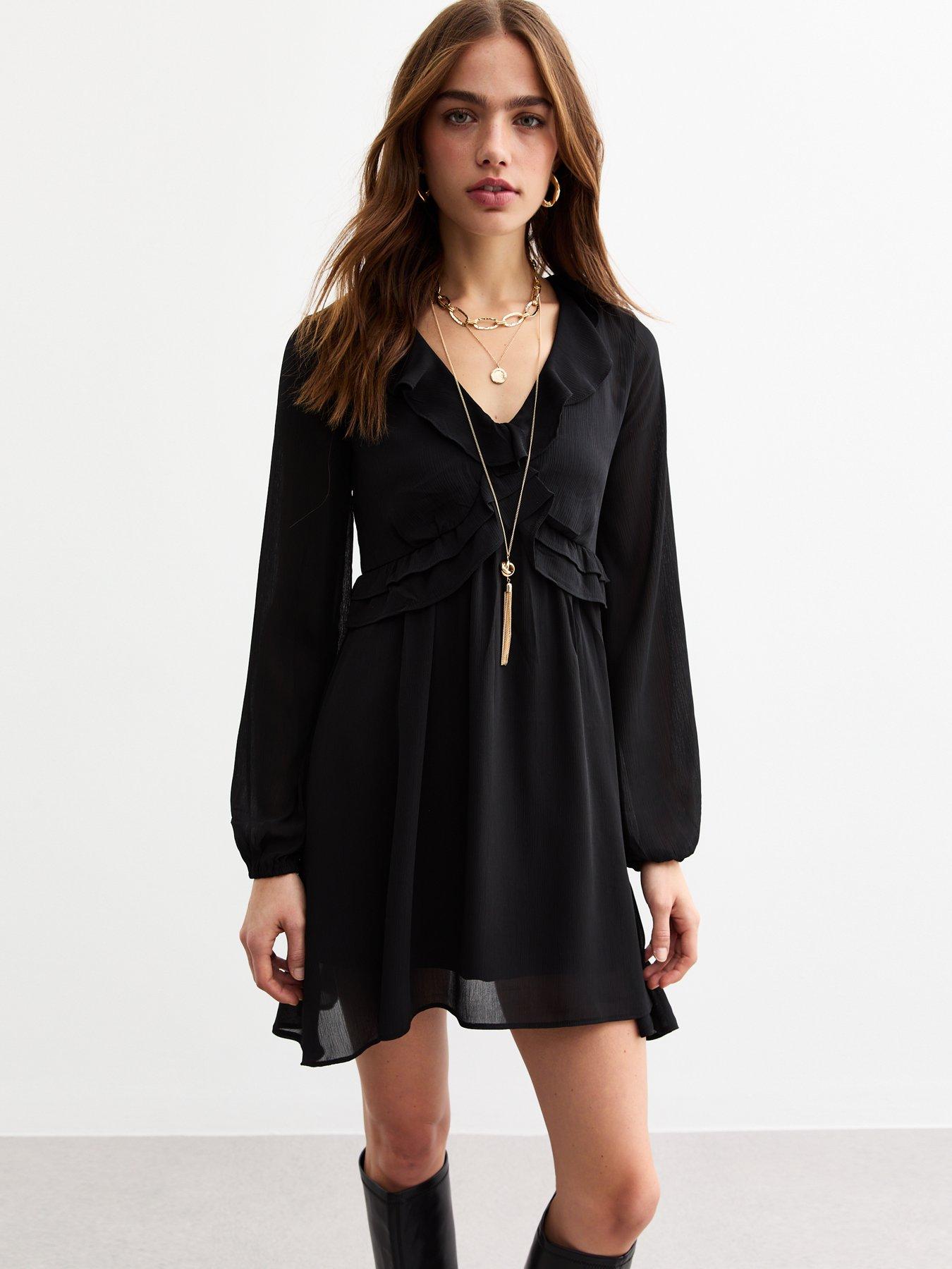 new-look-ruffled-chiffon-mini-dress-blackfront