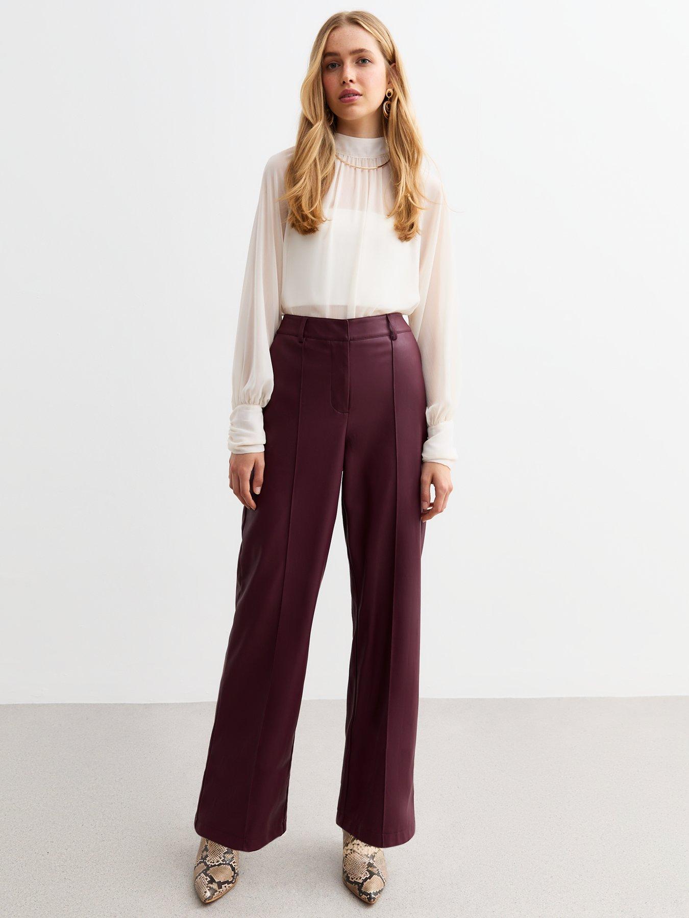 new-look-burgundy-leather-look-pintuck-wide-leg-tailored-trousers