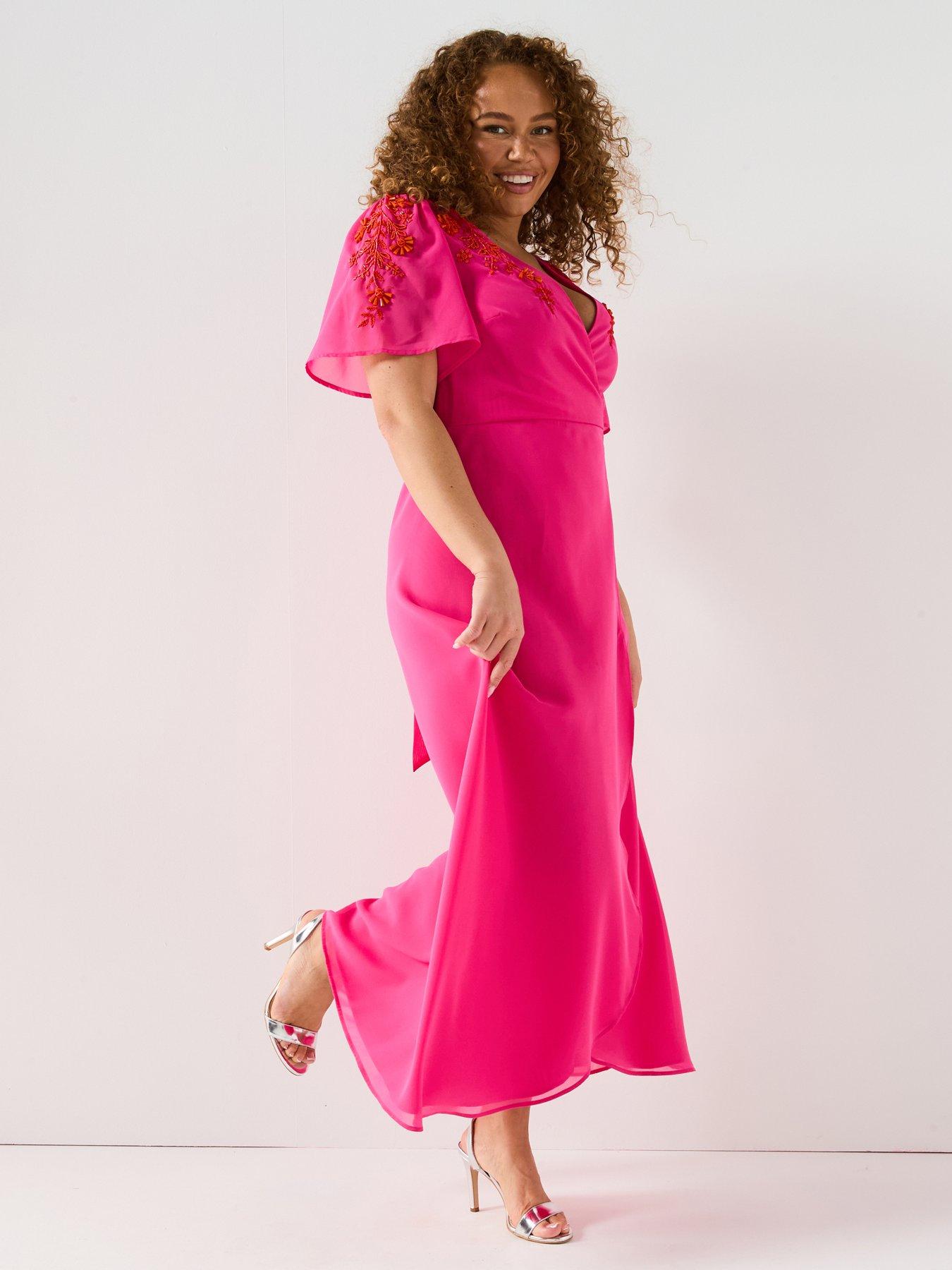 V by Very Curve Embellished Shoulder Wrap Dress - Pink | Very Ireland