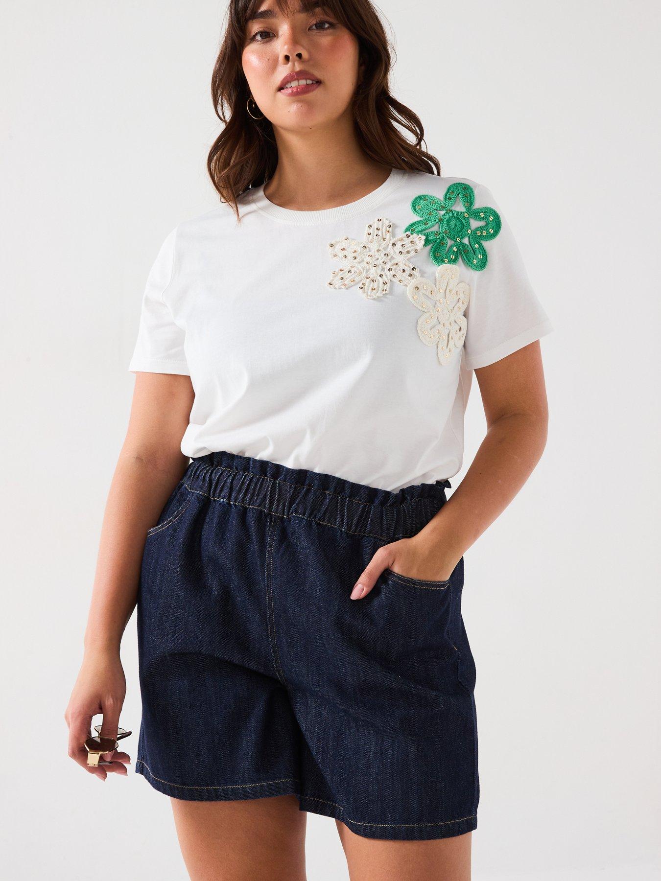 Image 1 of 5 of V by Very Curve Applique Floral T-Shirt - White