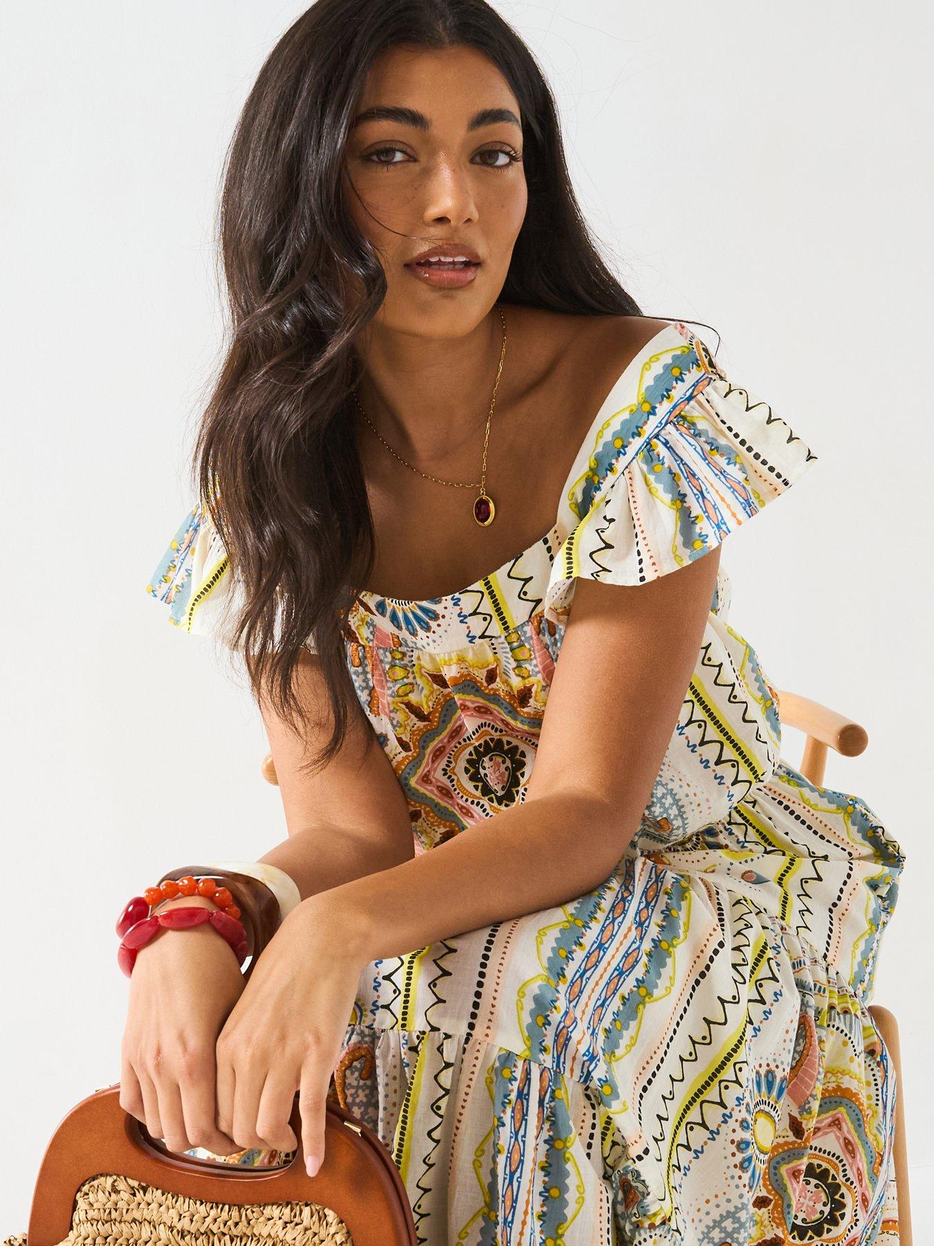 Image of V by Very Square Neck Frill Mixed Print Blouse Co-Ord - Multi