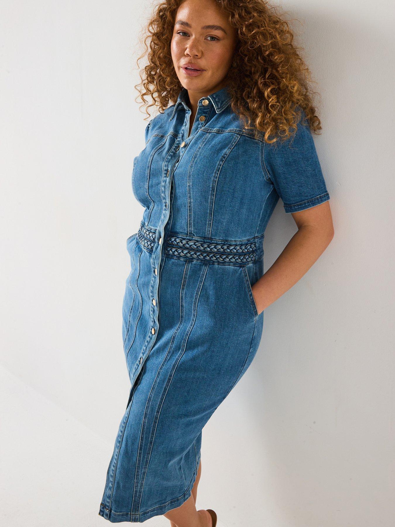 denim dress very V by Curve Button Through Midi - Mid Wash Midi Plus Size Holiday Blush pink bridesmaid dress Womens clothing and a tonal back Size:40/34