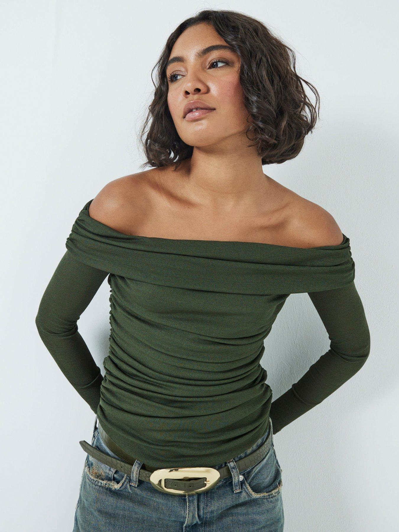 river-island-ruched-bardot-top-khaki