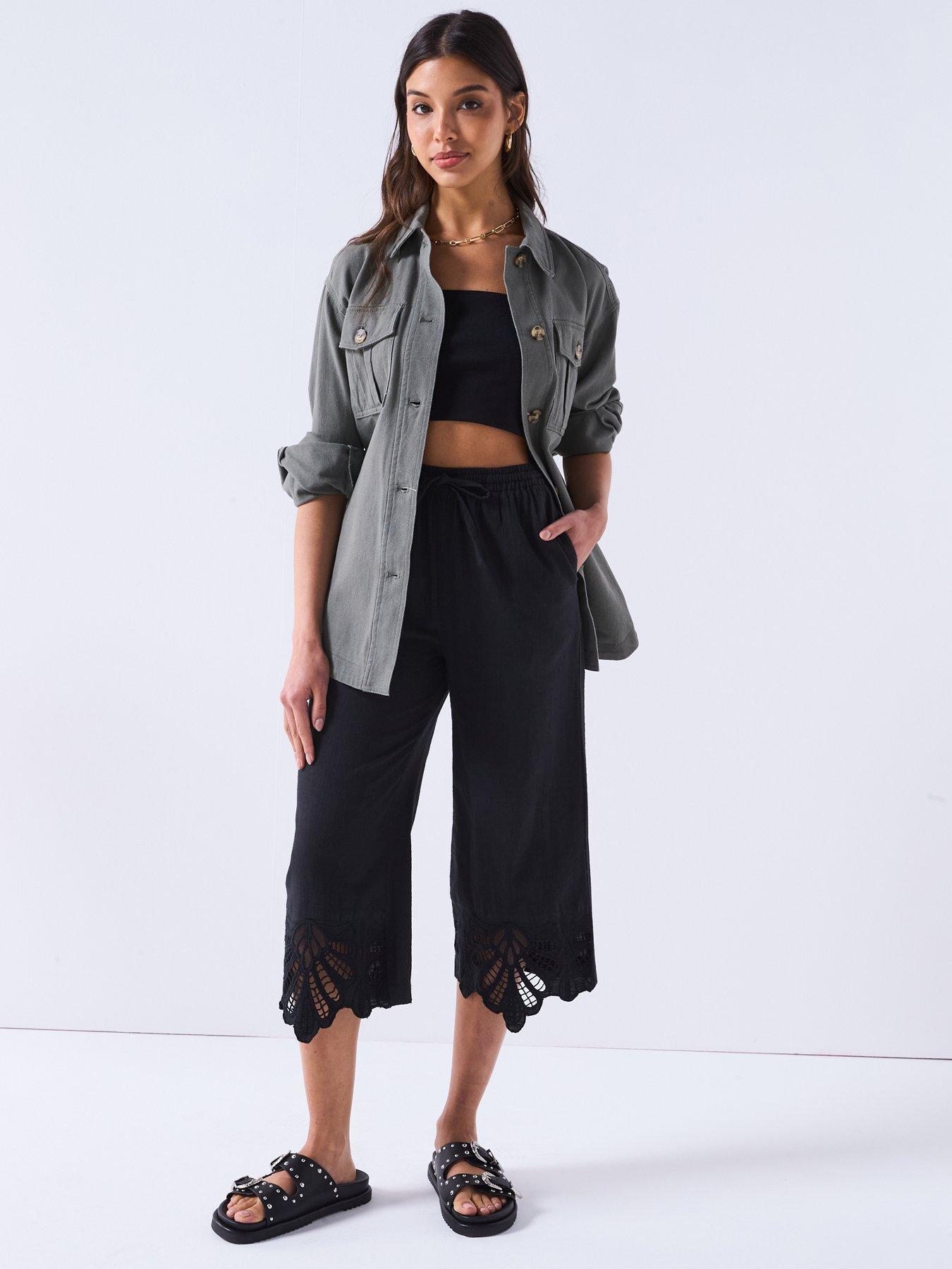 Image 1 of 6 of V by Very Cotton Trousers with Lace Trim Hem - Black