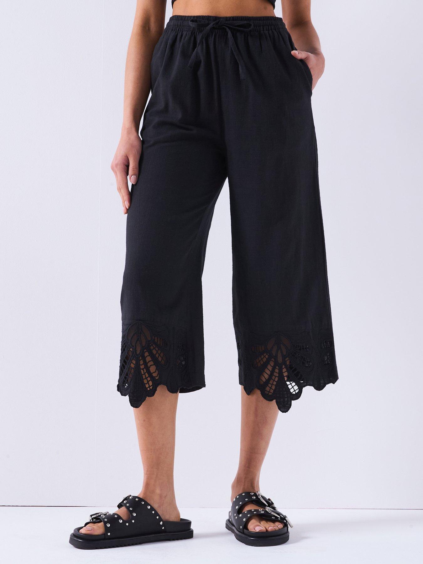 Image 3 of 6 of V by Very Cotton Trousers with Lace Trim Hem - Black