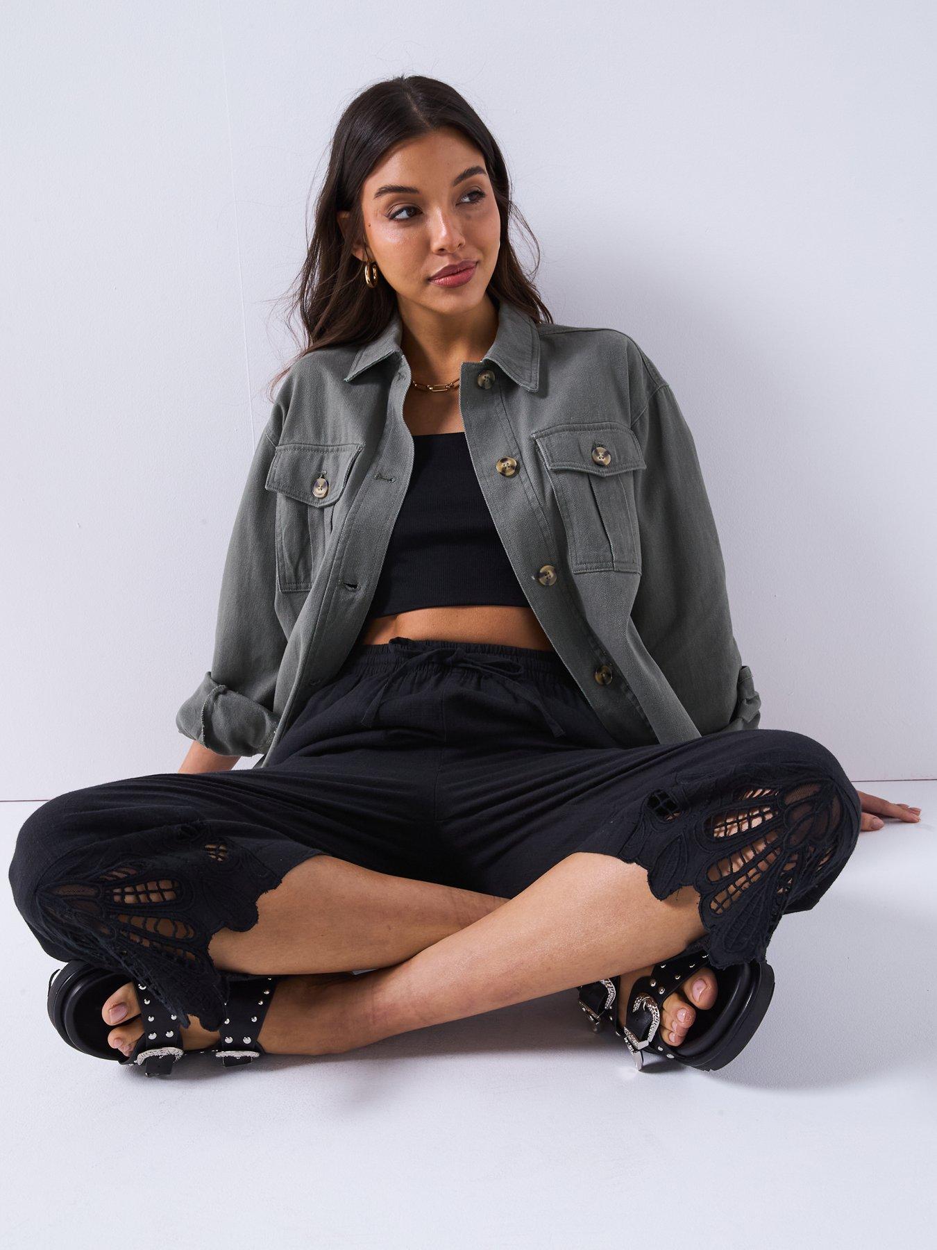 Image 6 of 6 of V by Very Cotton Trousers with Lace Trim Hem - Black
