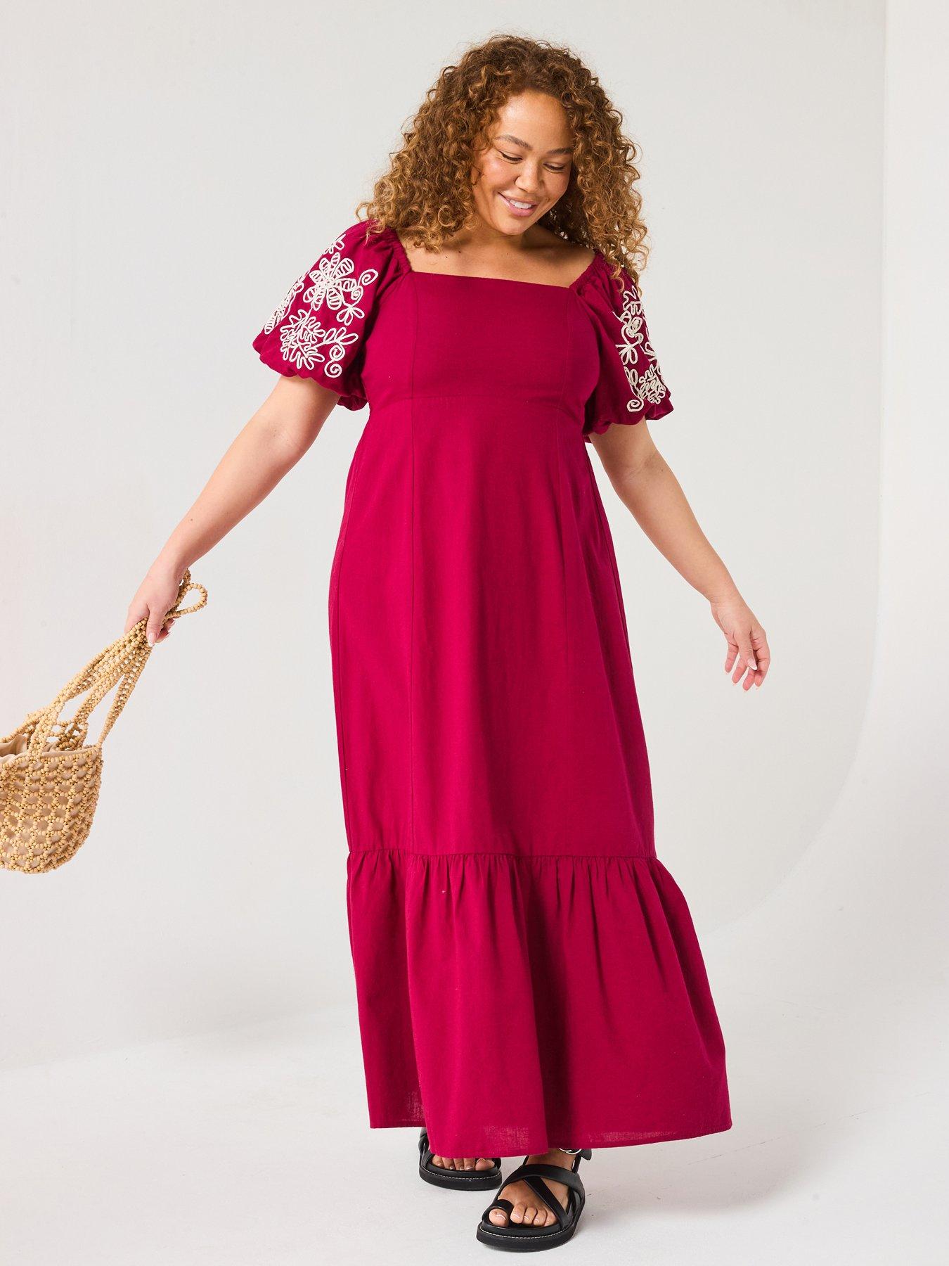Image of V by Very Curve Embroidered Sleeve Midaxi Dress - Red