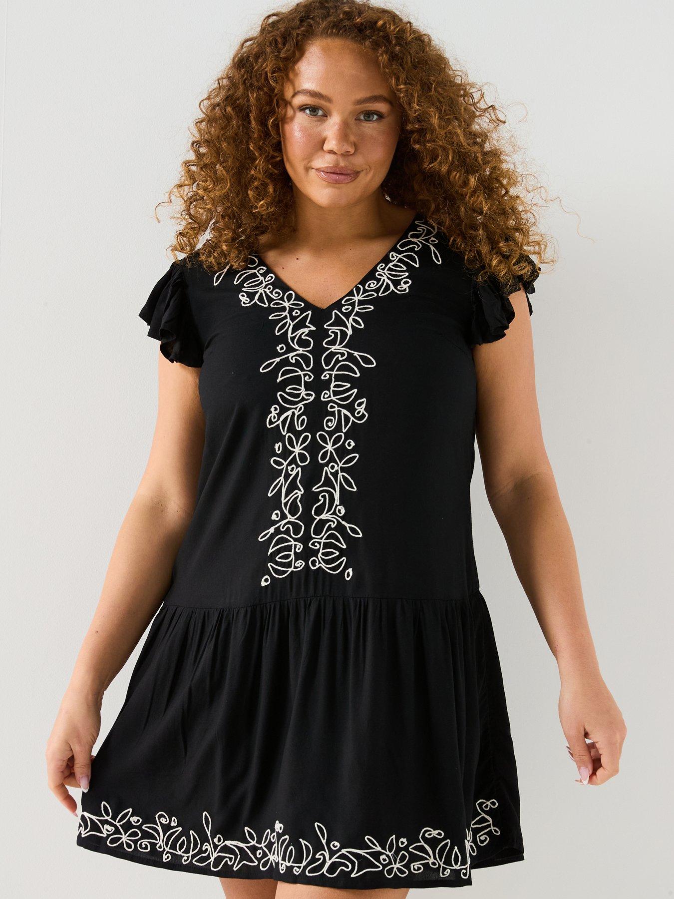 V by Very Curve Embroidered Dropped Waist Mini Dress - Black