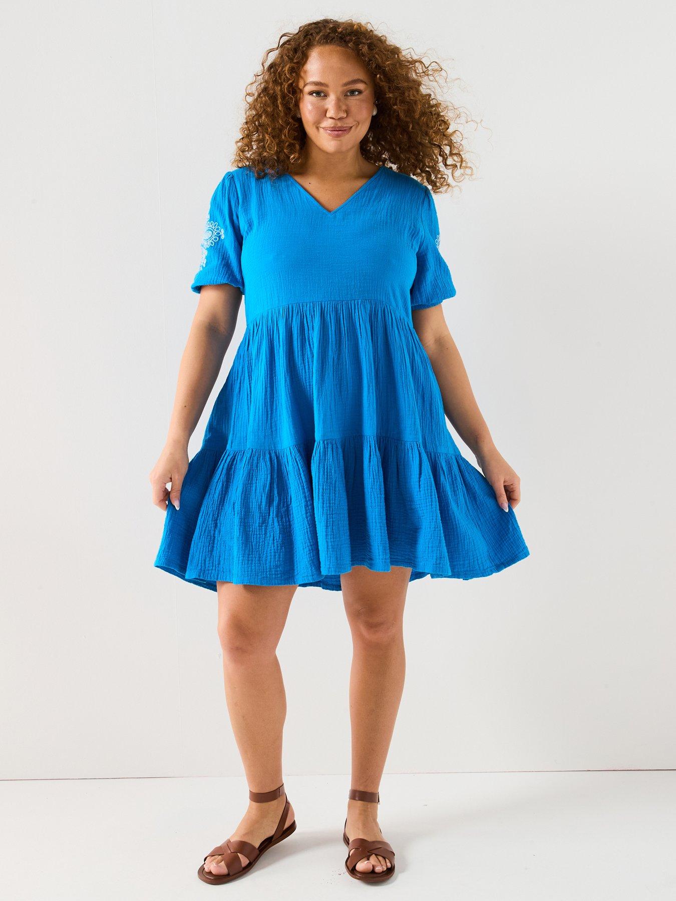 v-by-very-curve-embroidered-sleeve-tiered-mini-dress-blue