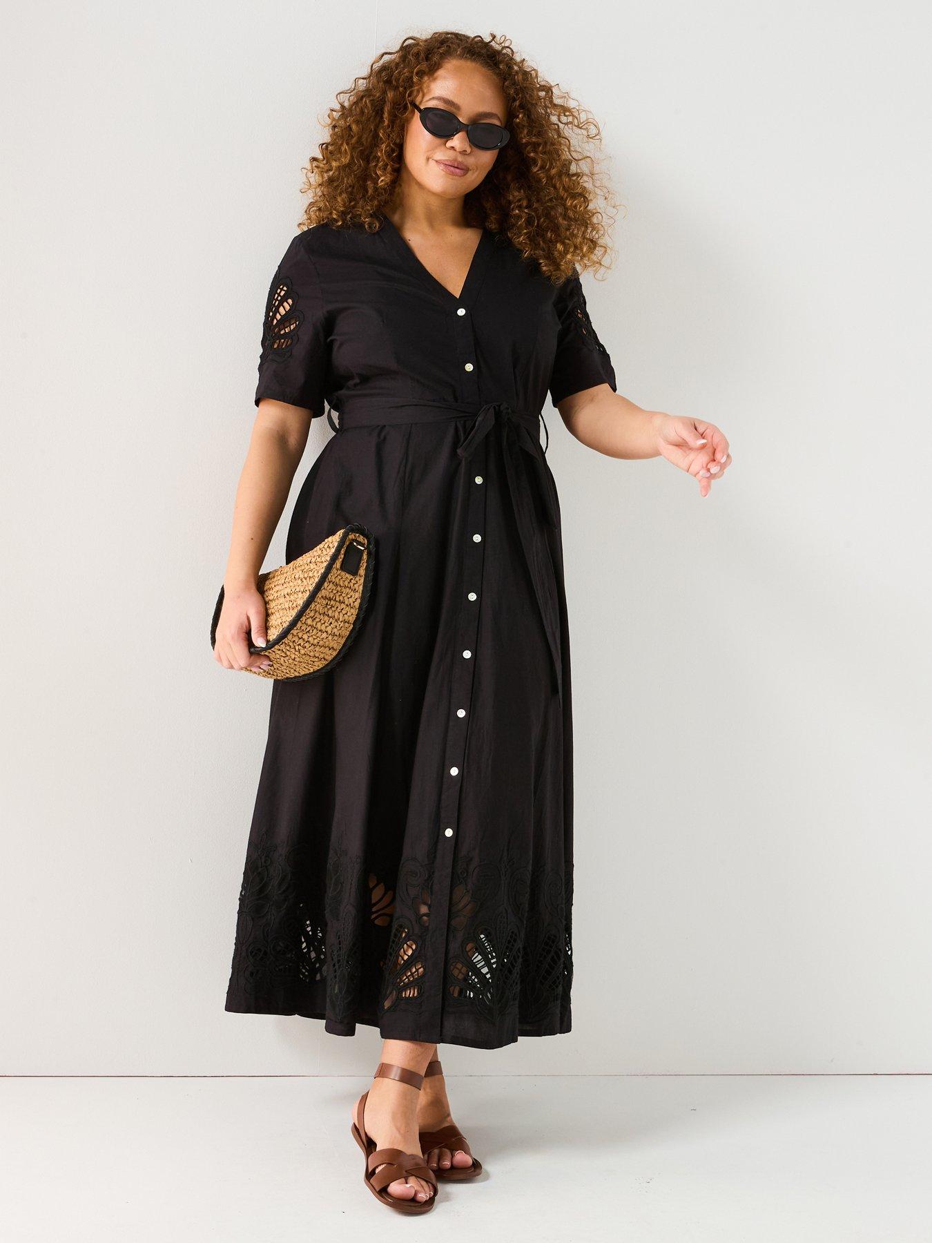 V by Very Curve Embroidered Hem Button Through Cotton Midaxi Dress - Black