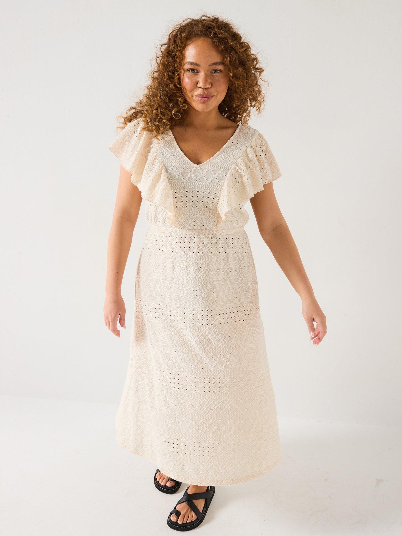 V by Very Curve Lace Ruffle Midi Dress - Cream