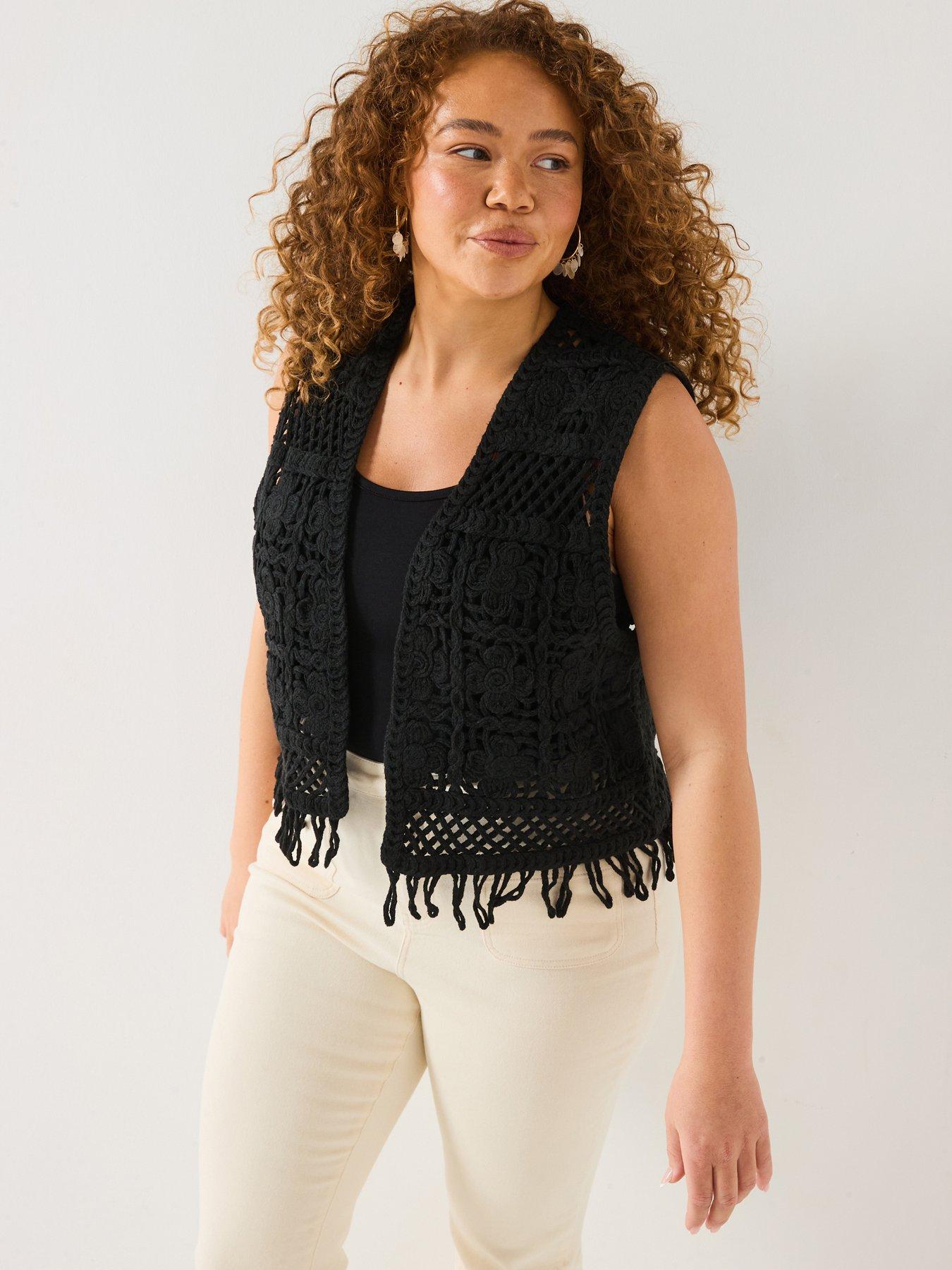 V by Very Curve Crochet Waistcoat - Black