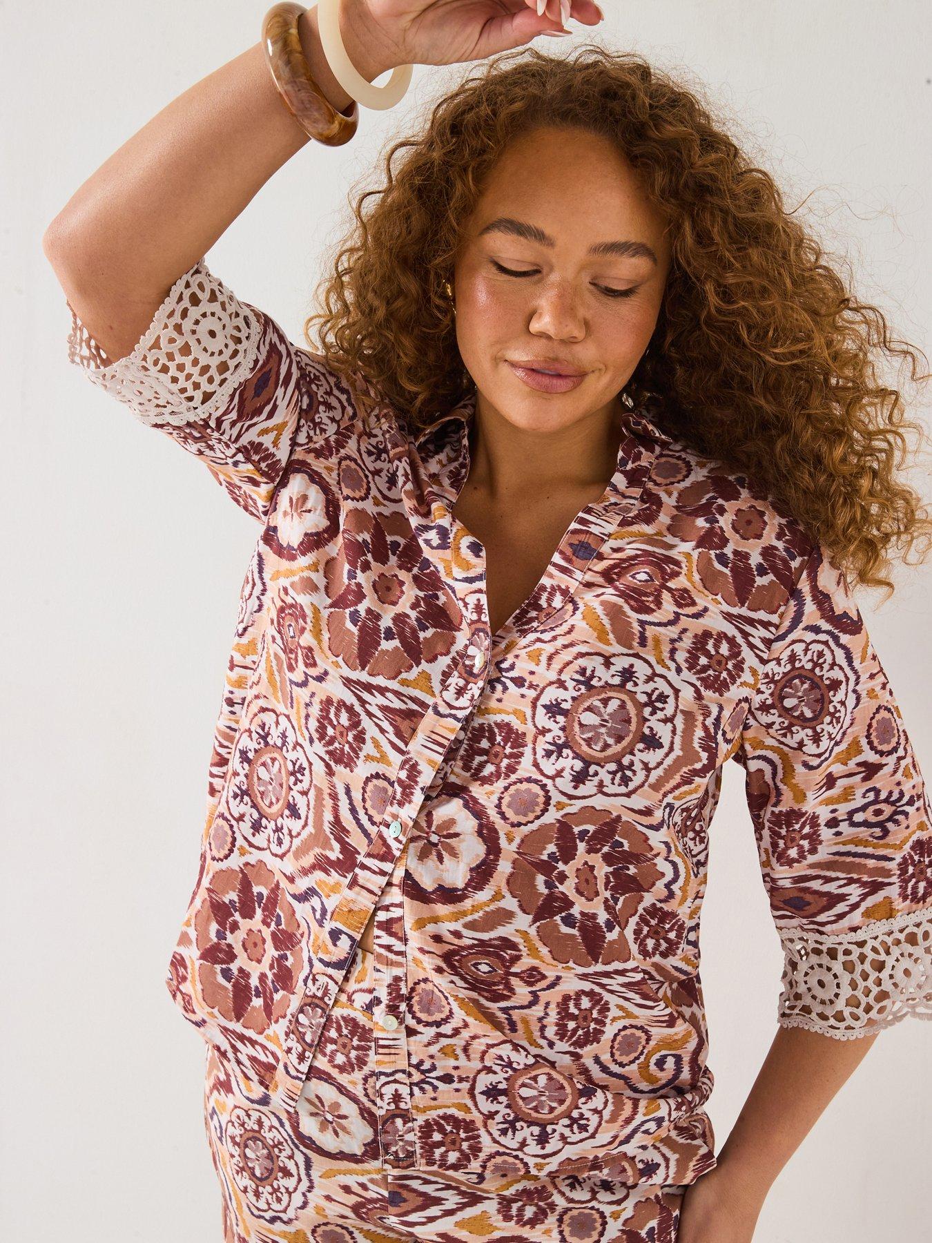 Image 1 of 6 of V by Very Curve Lace Trim Shirt Co-Ord - Print