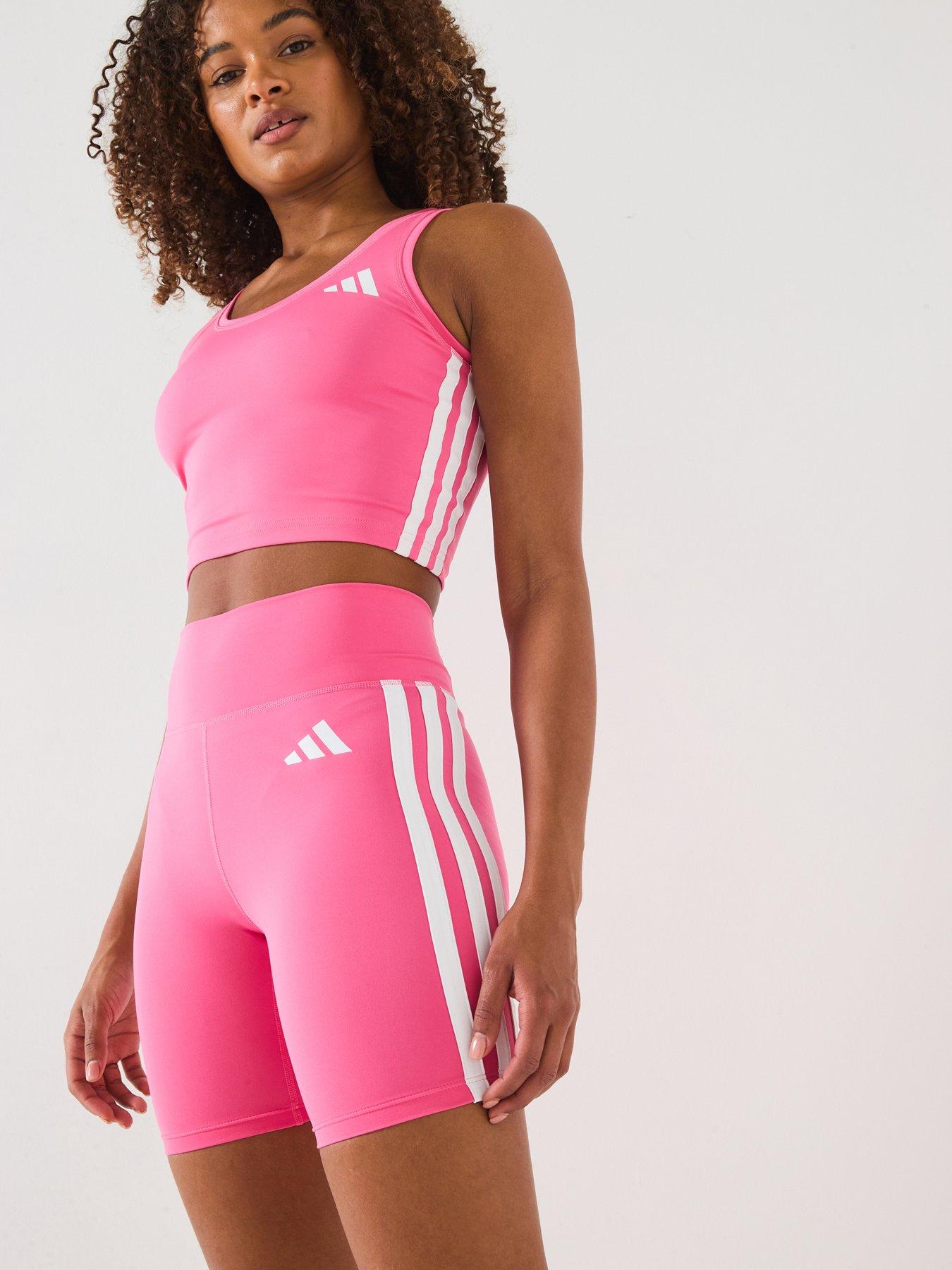 adidas Womens Train Essentials 3 Stripe Crop Tank - Pink