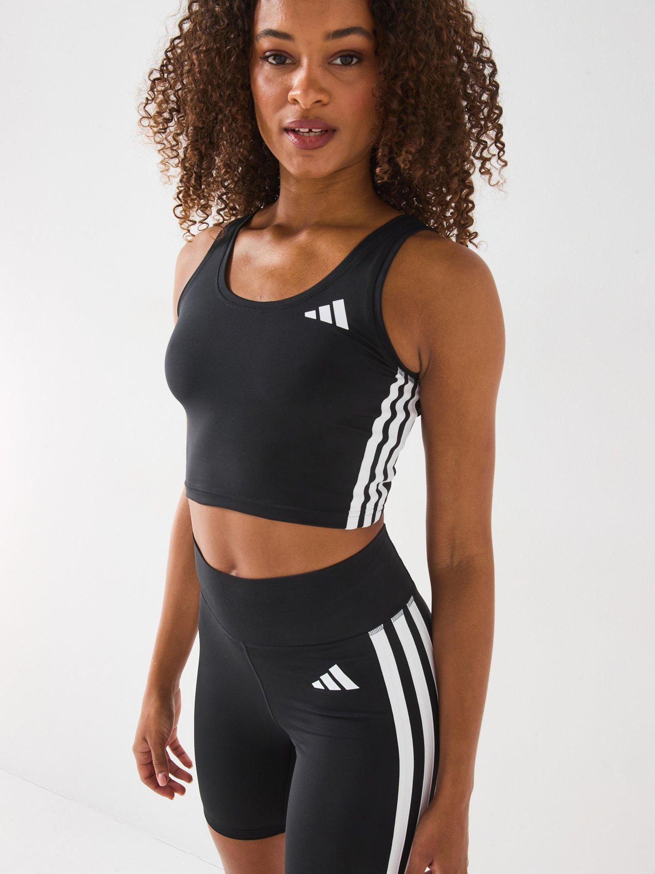 adidas Womens Train Essential 3 Stripe Crop Tank - Black