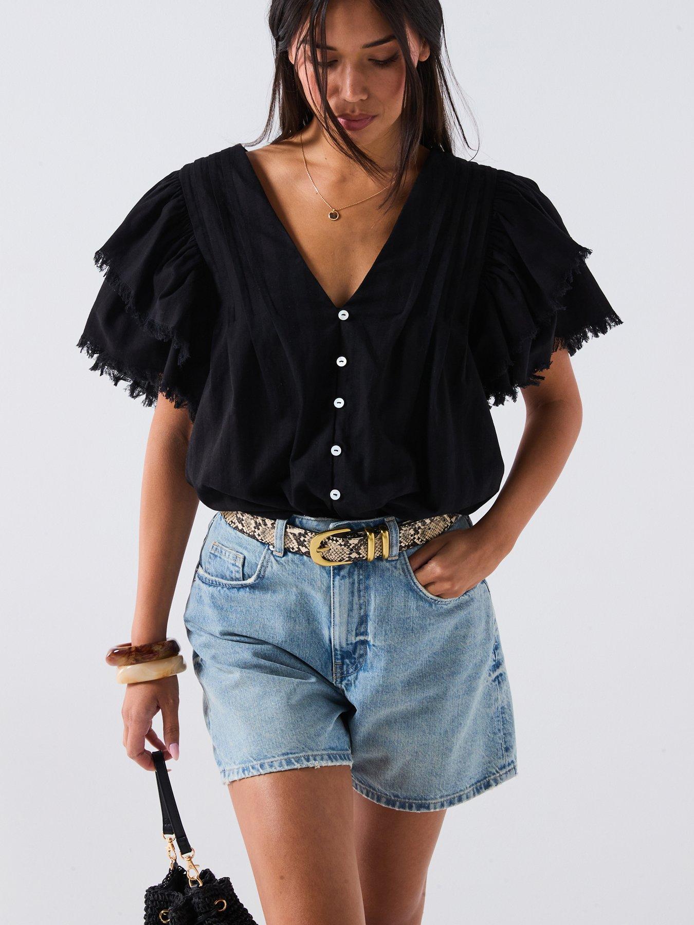 Image of V by Very V Neck Fluted Blouse - Black