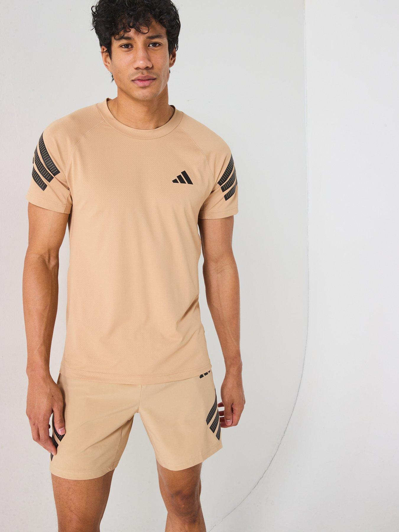 undefined Mens Training Gym+ 3 Stripe T-Shirt - Beige