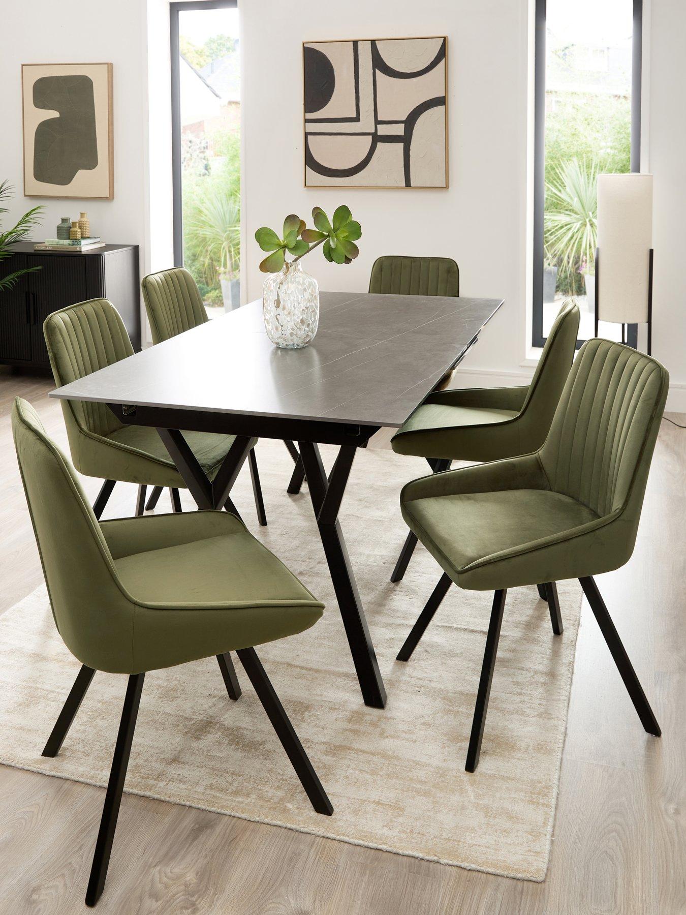 The Very Collection Corbin 160-200 cm Extending Black Dining Table + 6 Marlow Moss Green Dining Chairs