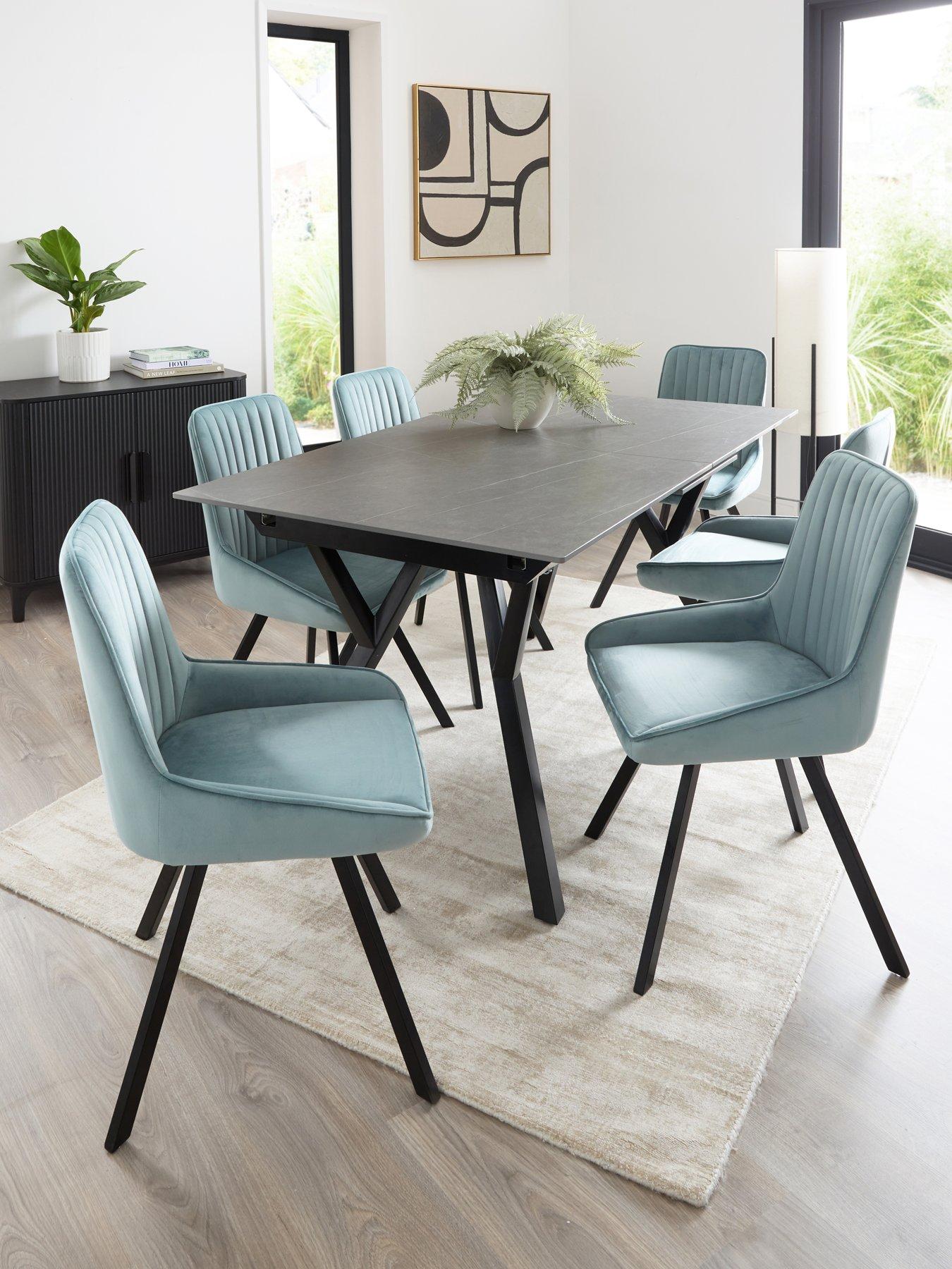 The Very Collection Corbin 160-200 cm Extending Black Dining Table + 6 Marlow Dusty Blue Dining Chairs