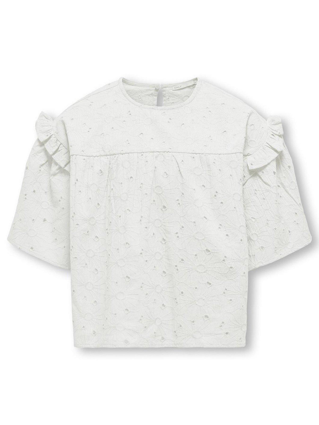 Only Kids Girls Daisy Broderie Anglaise Short Sleeve Blouse - White