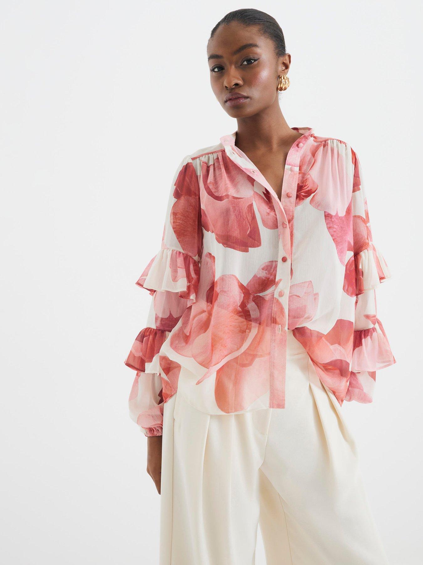 Image 1 of 6 of River Island Ruffle Sleeve Blouse - Pink