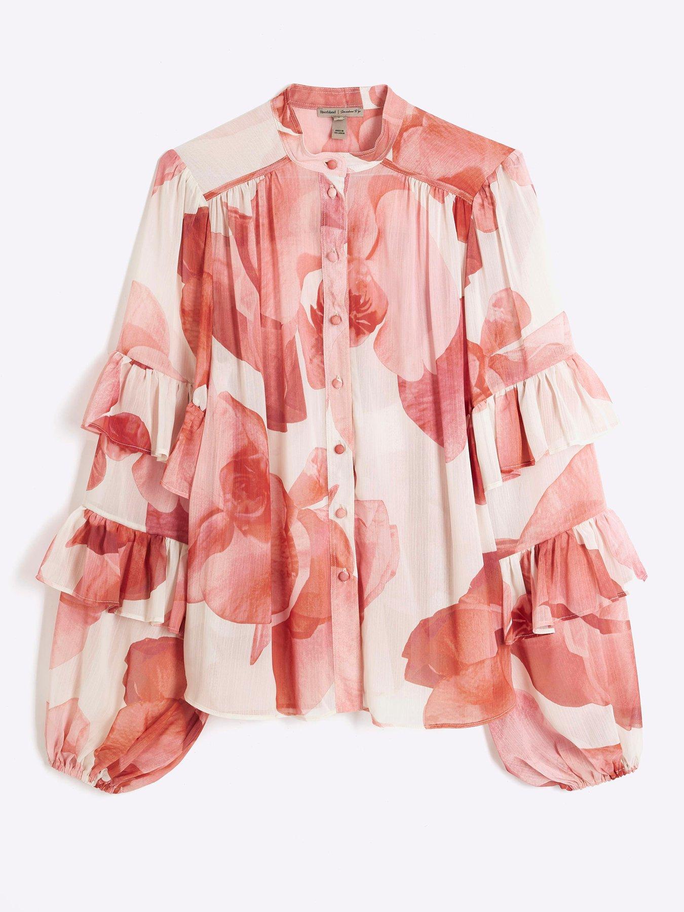 Image 5 of 6 of River Island Ruffle Sleeve Blouse - Pink