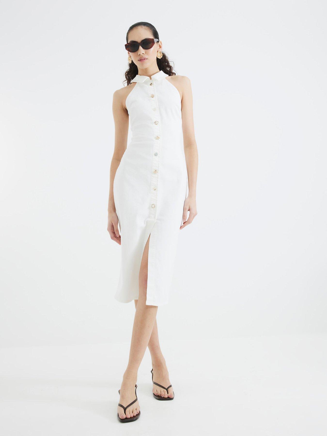 river island white denim dress Womens River Island Cream Denim Button Through Mini Dress US 10
