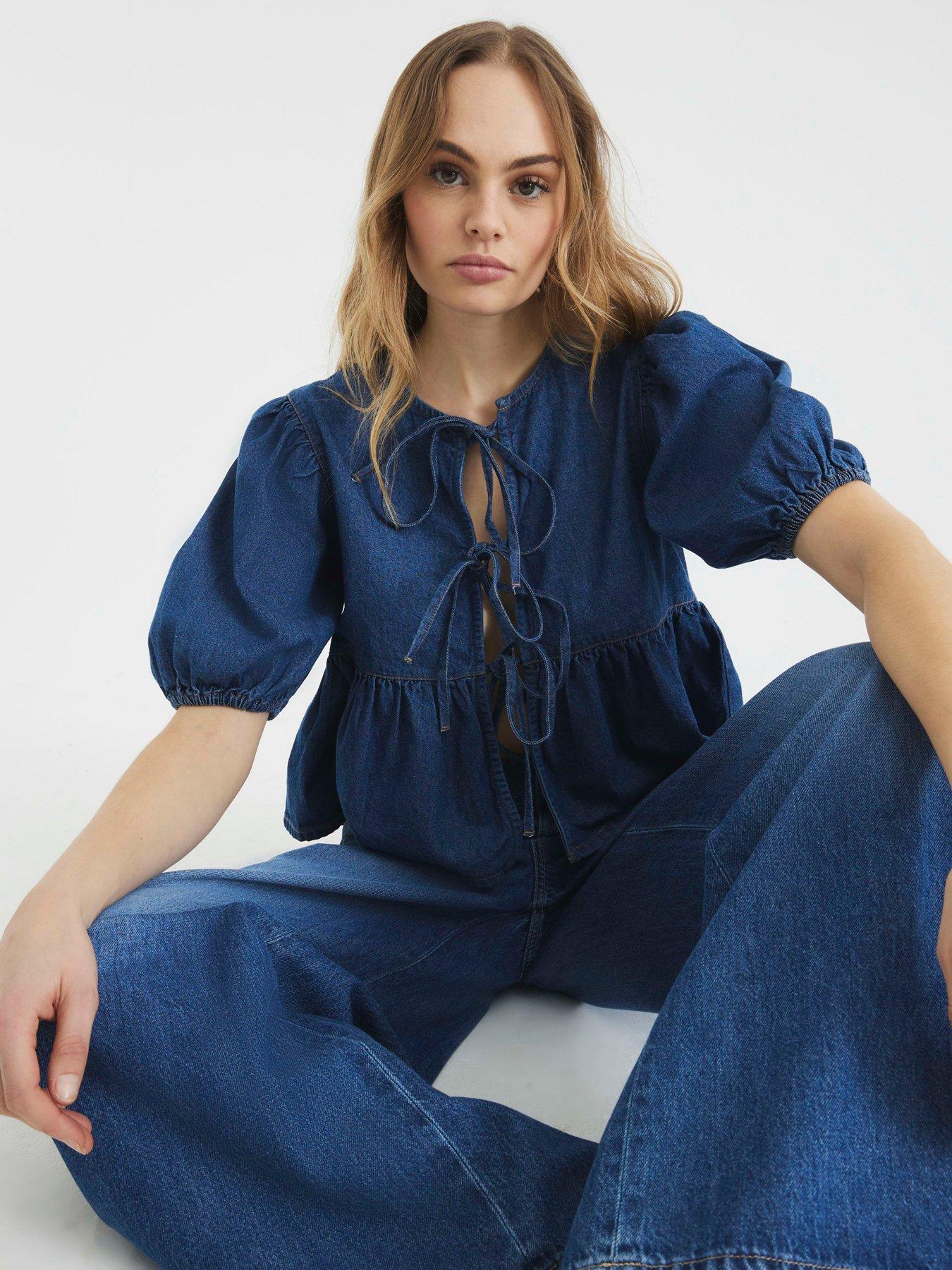 River Island Puff Sleeve Denim Shirt - Blue