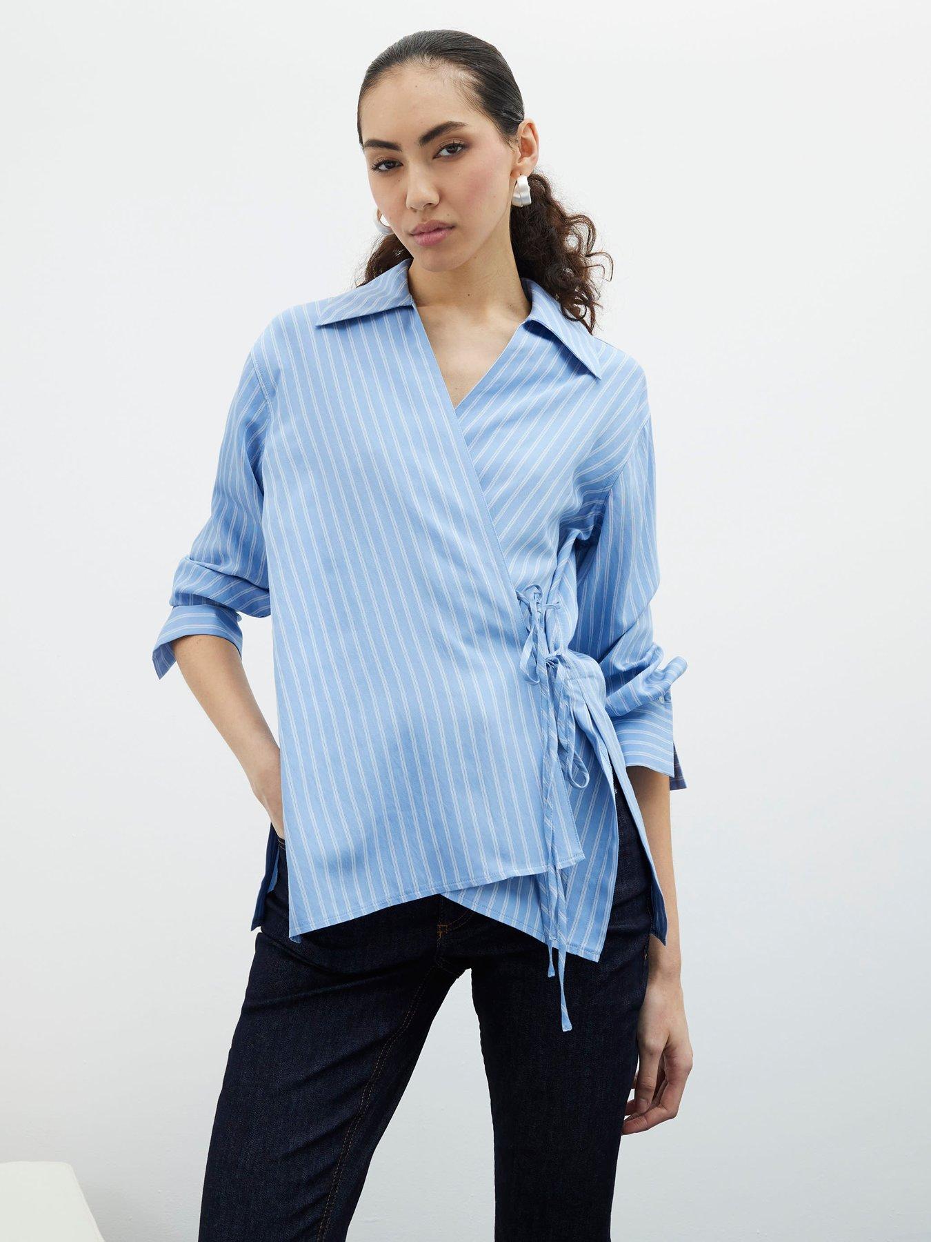 Image 1 of 4 of River Island Stripe Wrap Detail Shirt - Blue