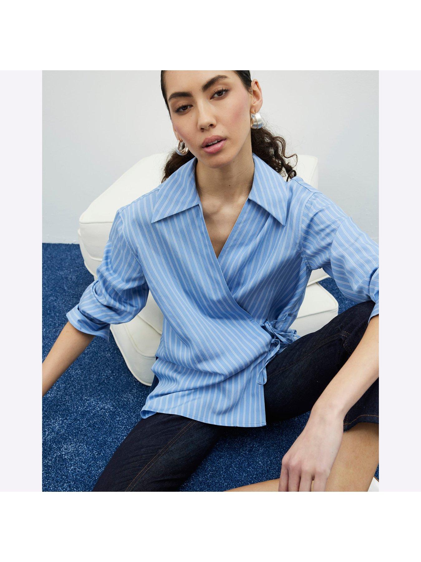 Image 4 of 4 of River Island Stripe Wrap Detail Shirt - Blue