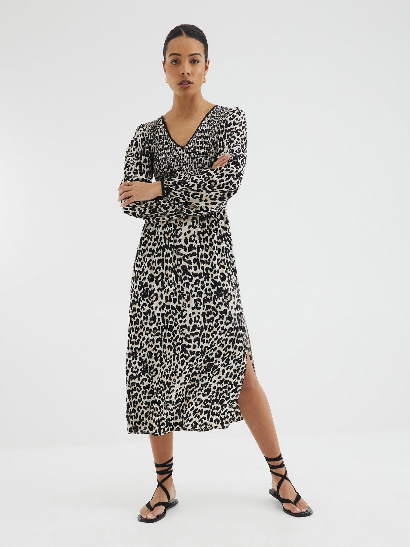 River Island Shirred Animal Print Midi Dress - Cream