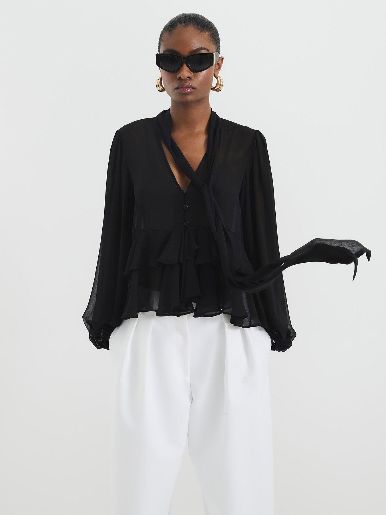 Image 1 of 4 of River Island Ruffle Pussybow Blouse - Black