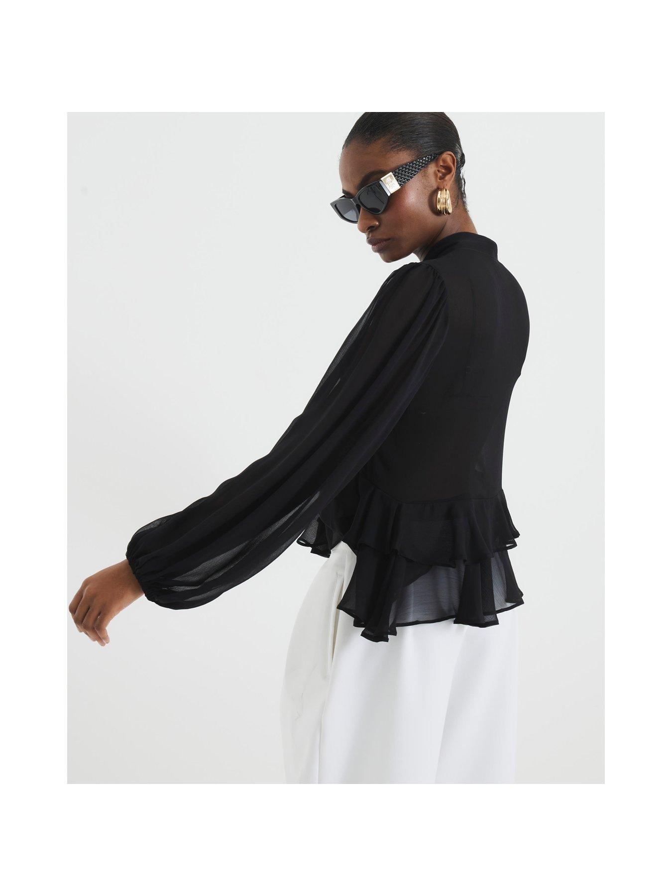 Image 2 of 4 of River Island Ruffle Pussybow Blouse - Black