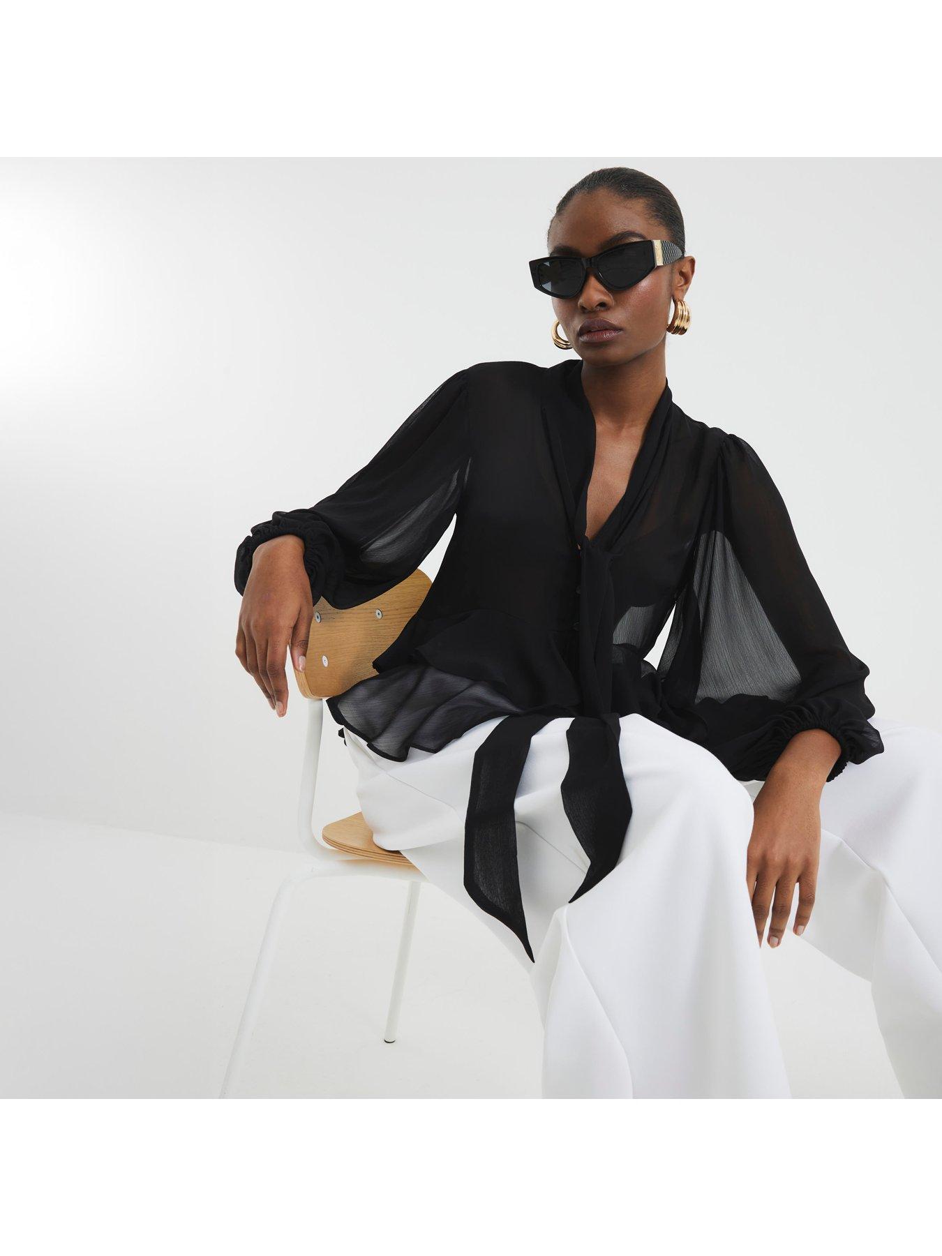 Image 4 of 4 of River Island Ruffle Pussybow Blouse - Black
