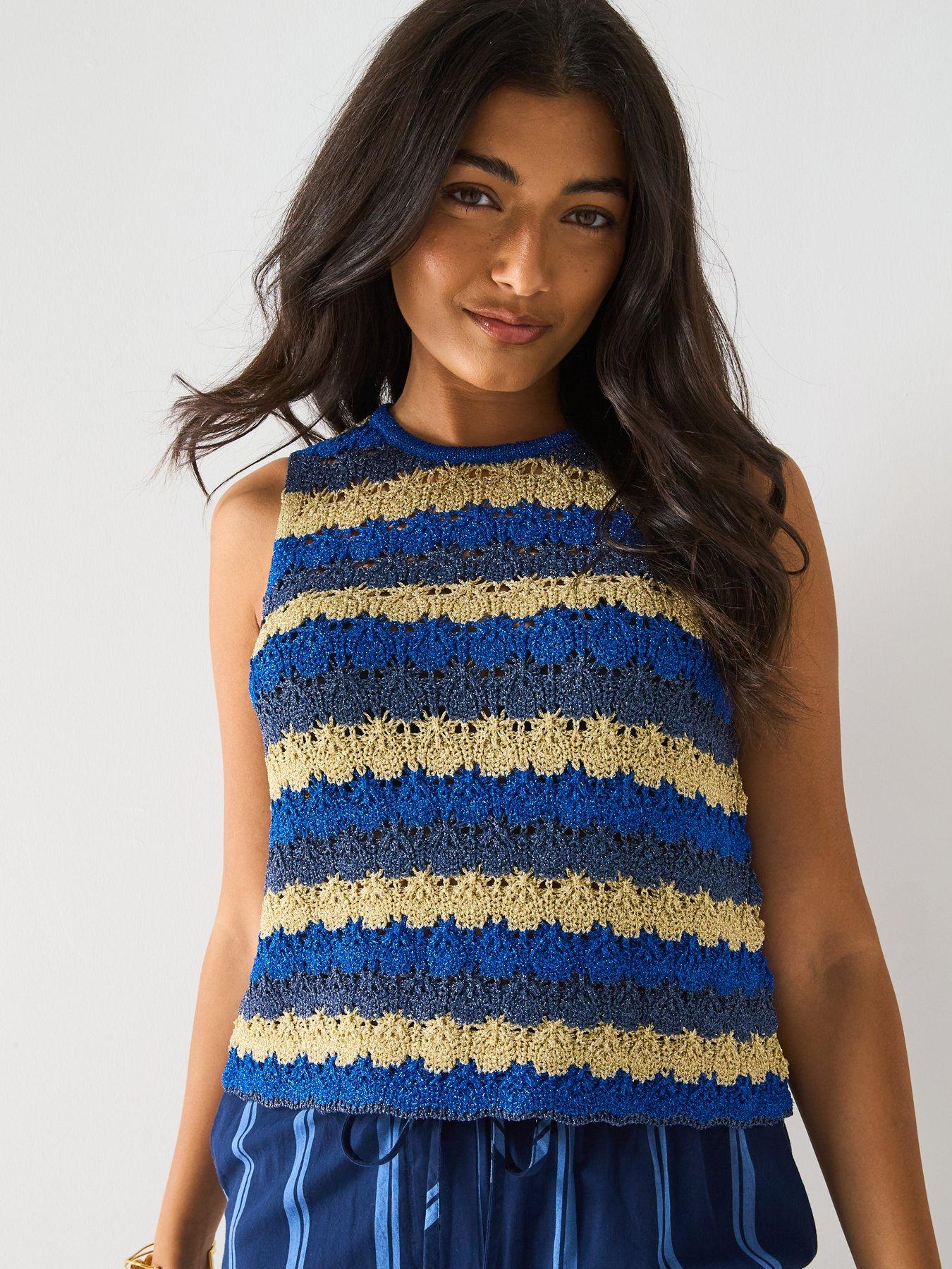 V by Very Racer Neck Crochet Short Knitted Top - Multi