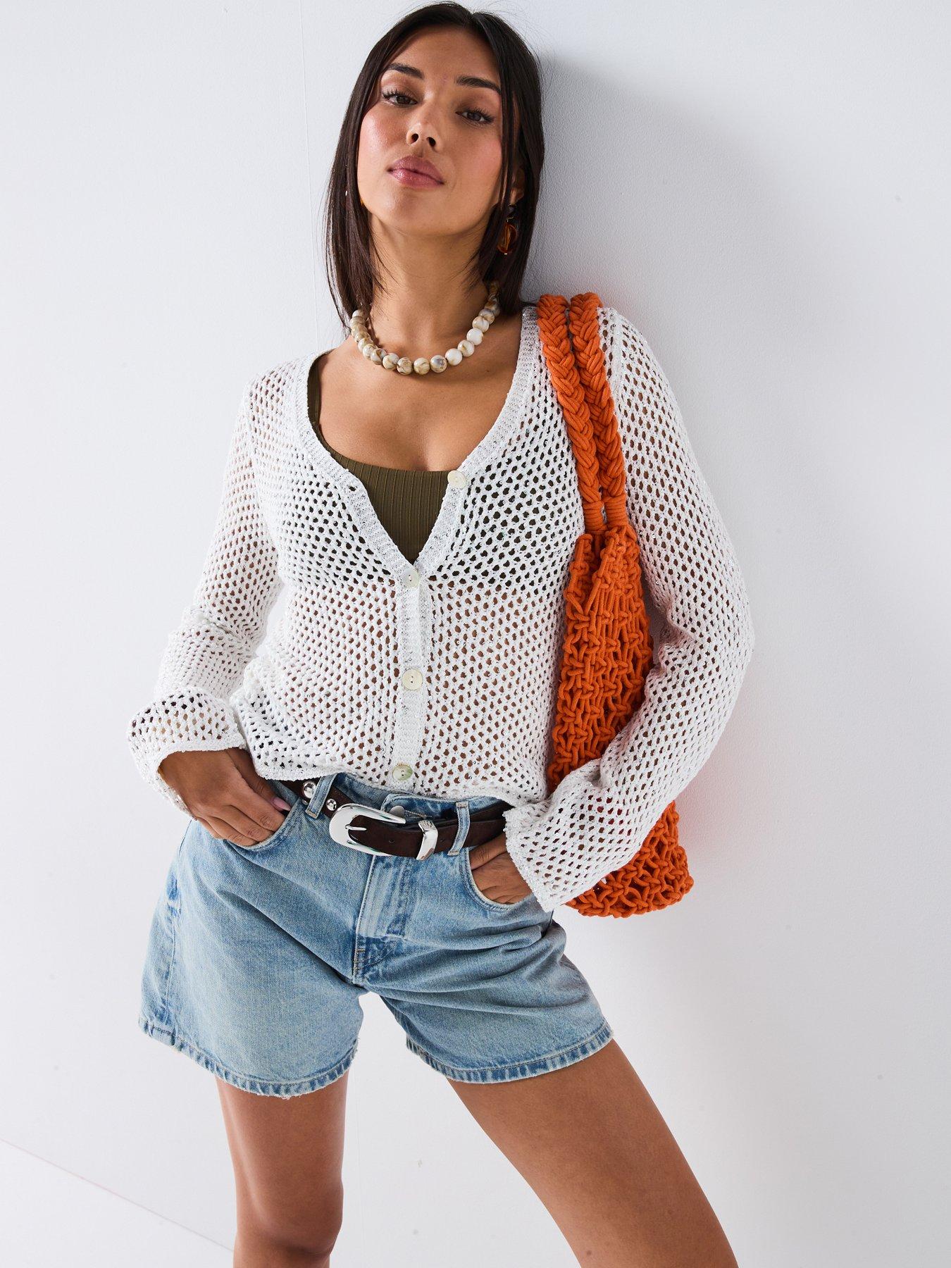 Image of V by Very Cotton Rich Open Stitch Knitted Sequin Cardigan - Cream