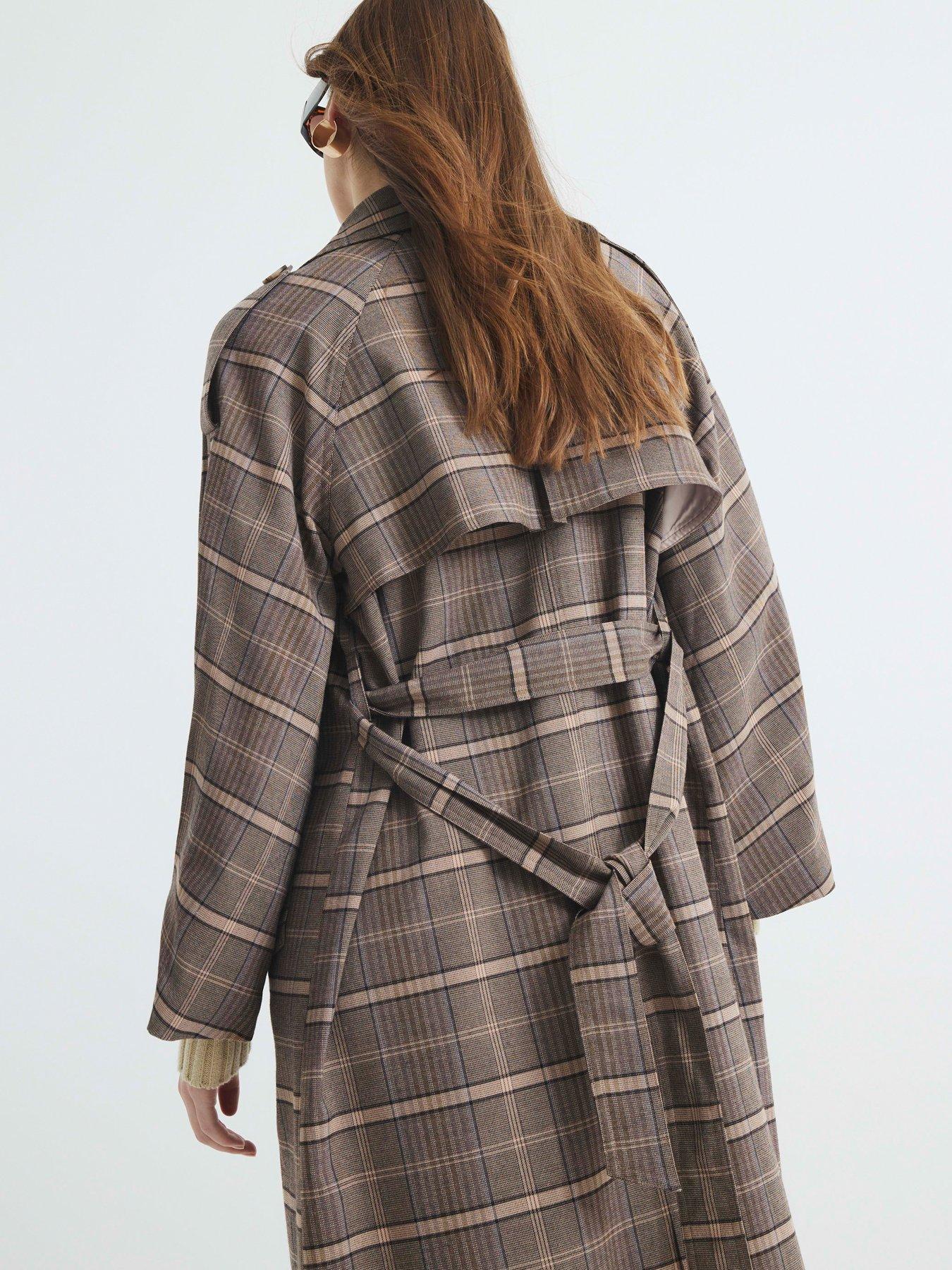 Image 2 of 6 of River Island Check Trench Coat - Brown